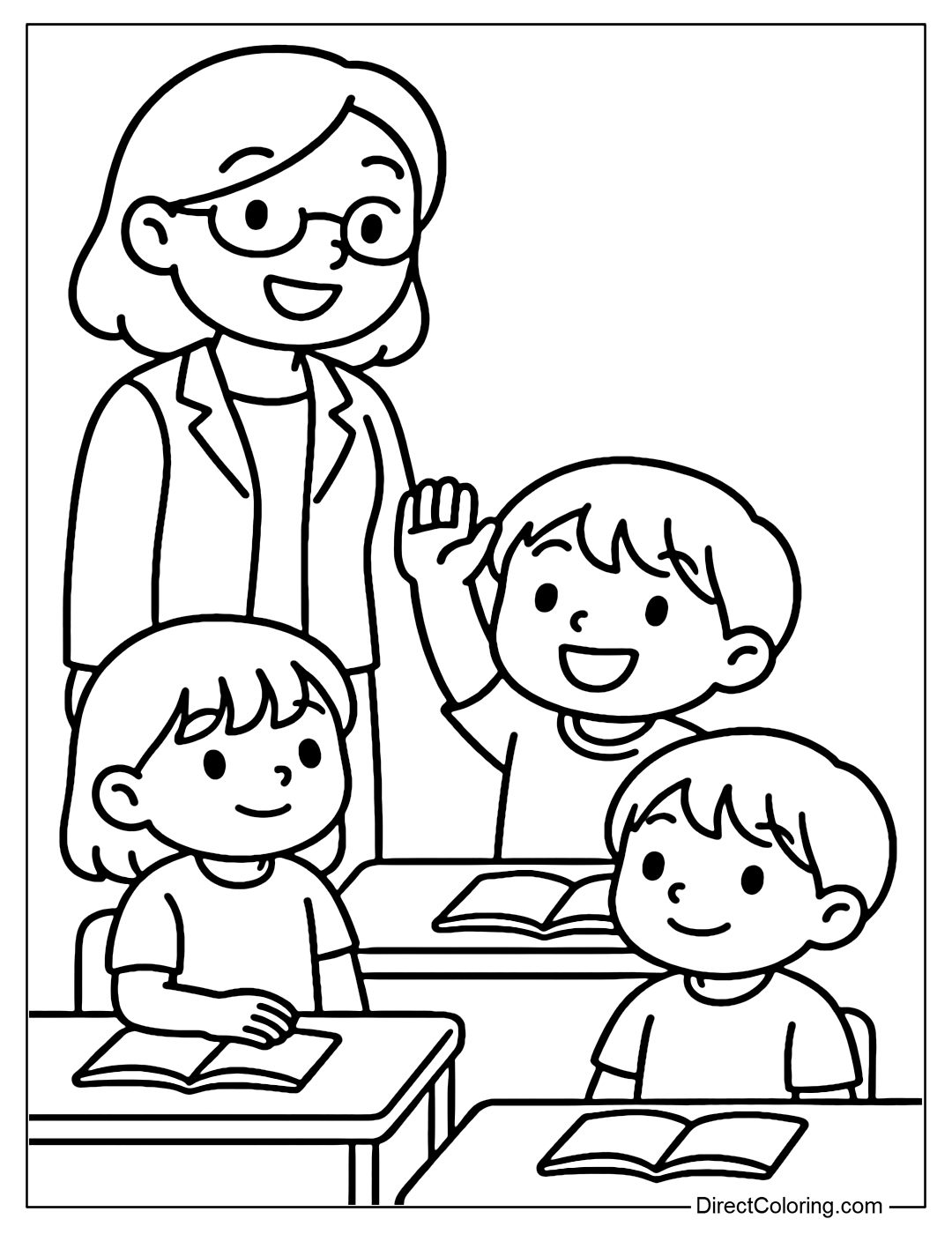 A coloring page of a child raising his hand to speak in class, the teacher smiling and the students listening attentively.