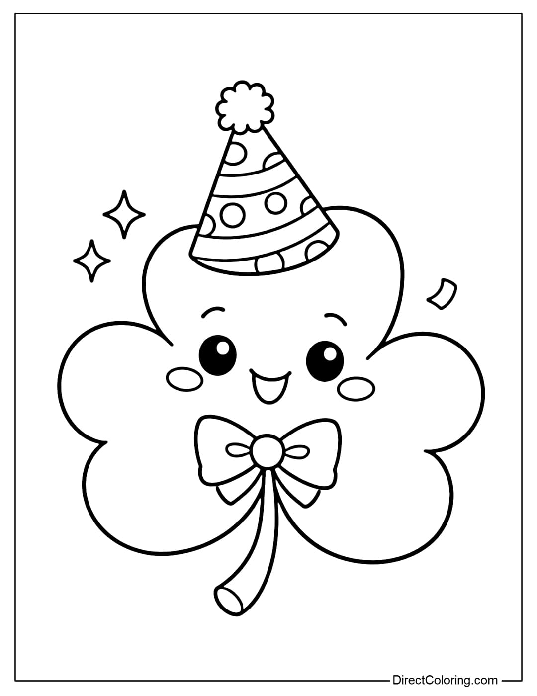 Coloring page of a shamrock with a smiling face wearing a birthday hat.