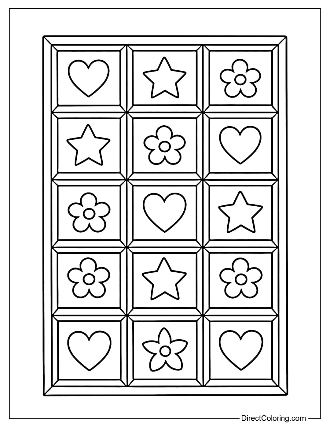 A coloring page featuring a large chocolate bar divided into many squares, each with a different design such as hearts, stars, and small flowers.