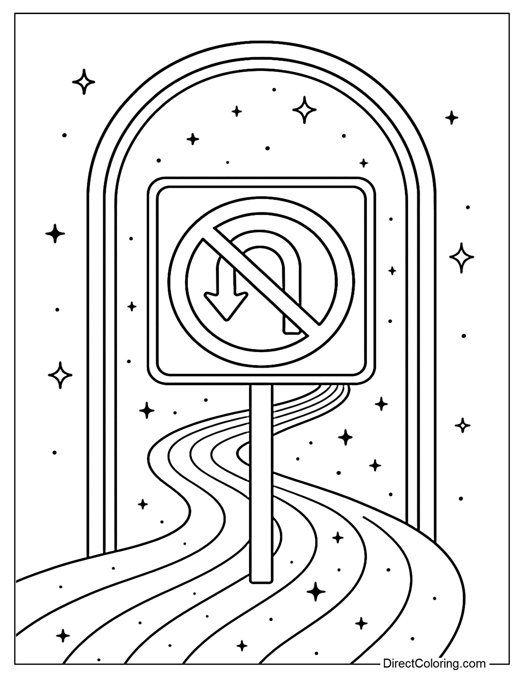No U-turn sign coloring page with the background of a space gate opening to the starry universe, the sign stands out in front of the sparkling light line like the Milky Way.