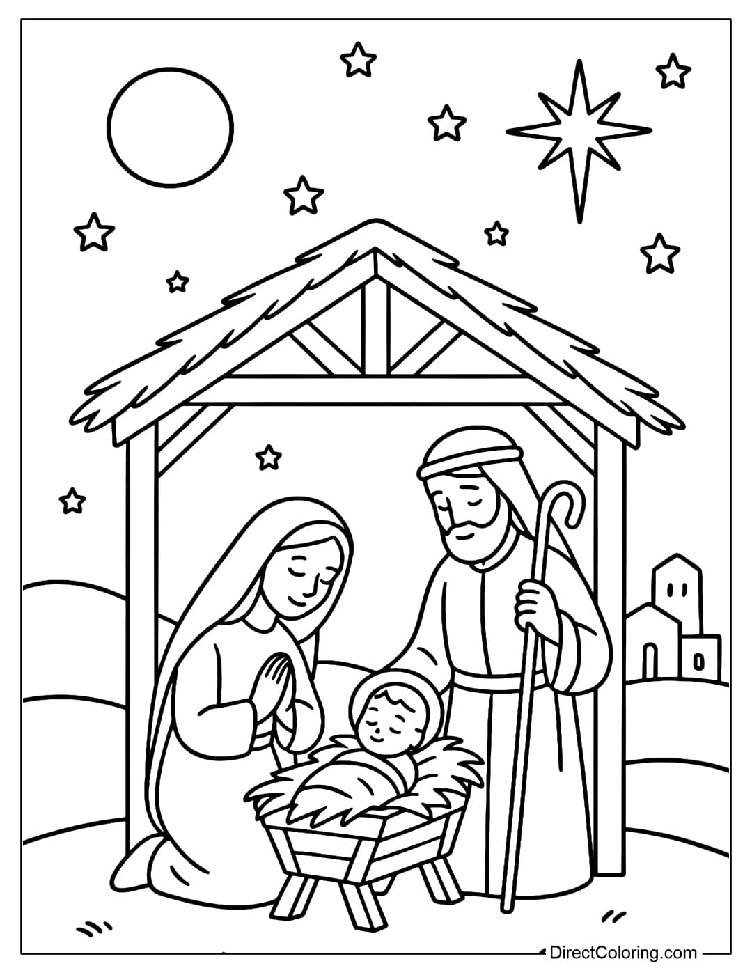 Coloring page of the nativity scene in a peaceful night: a small stable, the Holy Family and a manger, a sky with a full moon and the star of Bethlehem.