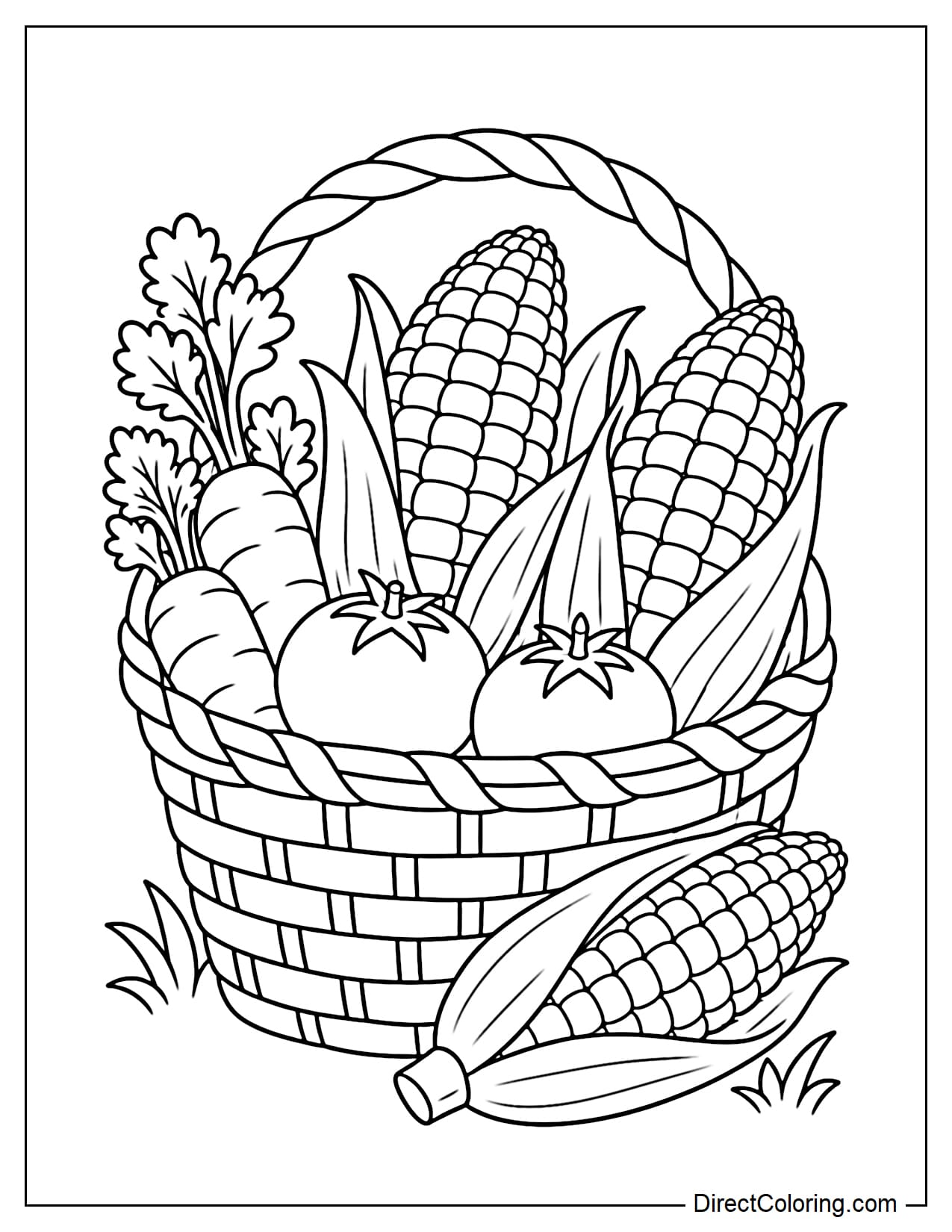 A harvest basket holds two large corn cobs, several carrots, and two large round tomatoes, with another corn cob resting outside the basket.
