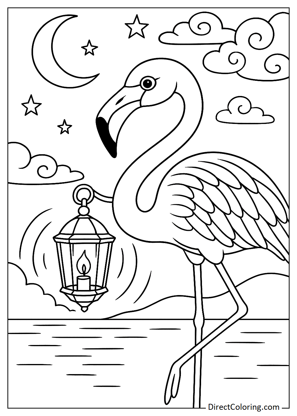Flamingo carrying a lighted lantern coloring page