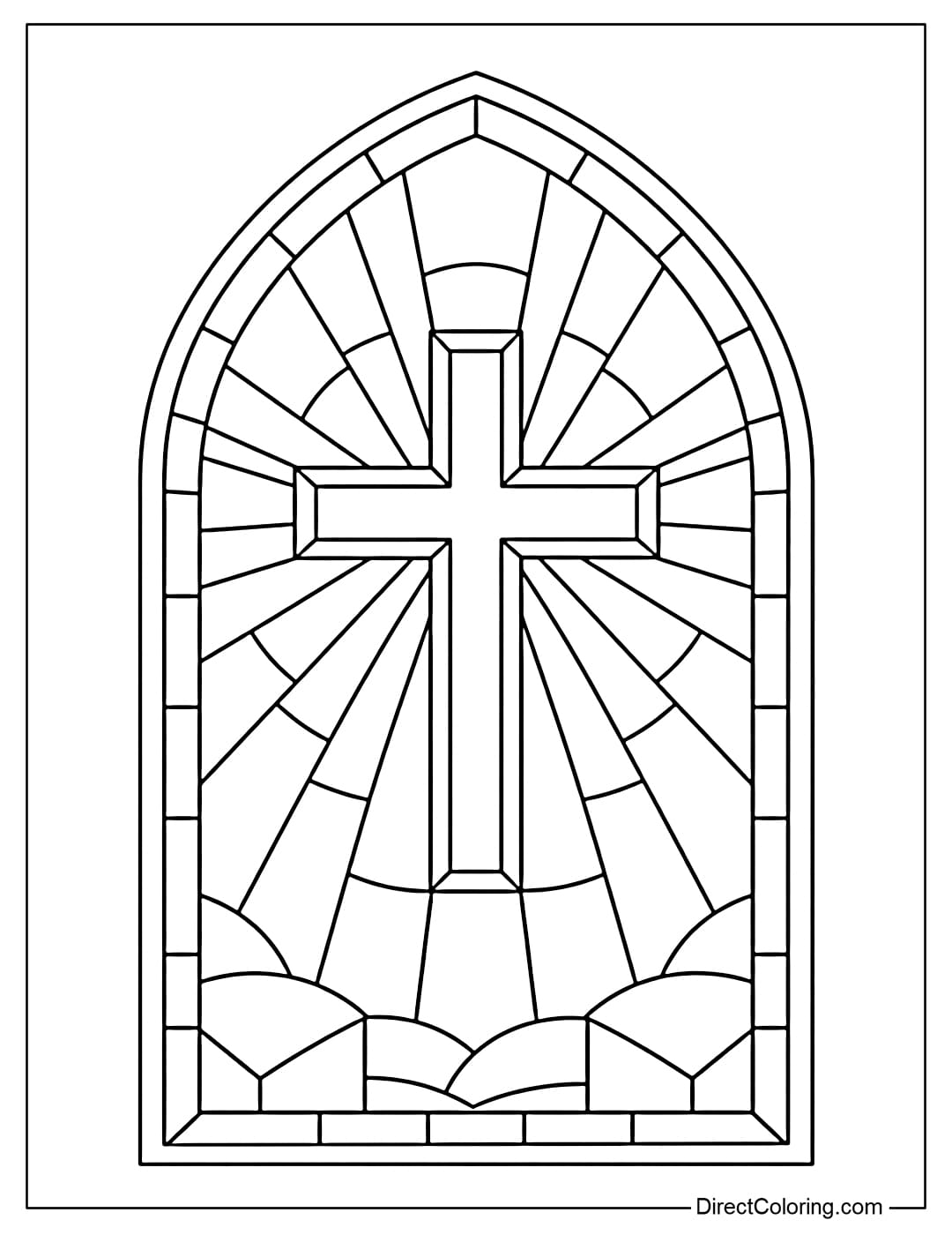Coloring page of a simple cross inside the church window.