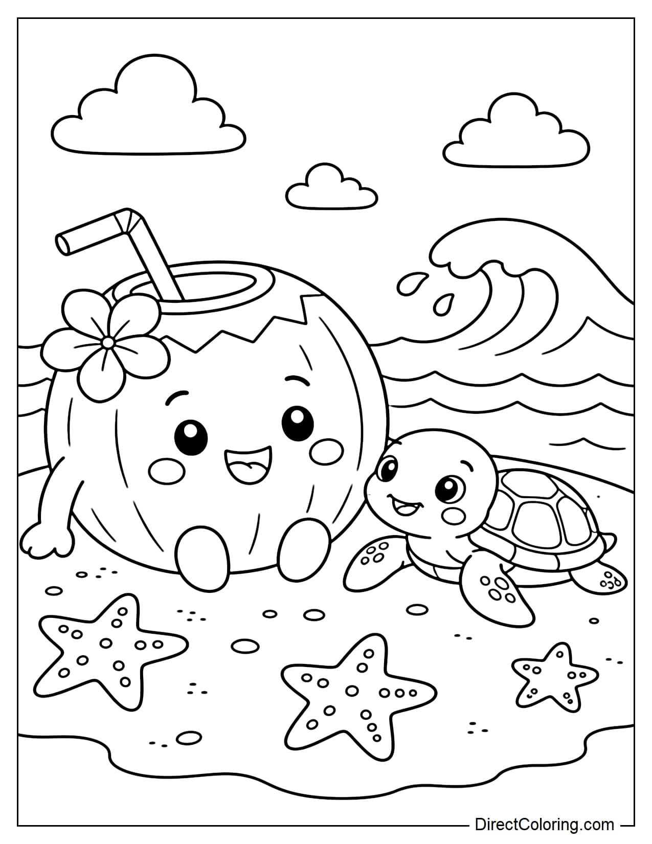 A cheerful coconut sits next to a small sea turtle on the sand, surrounded by starfish and ocean waves.
