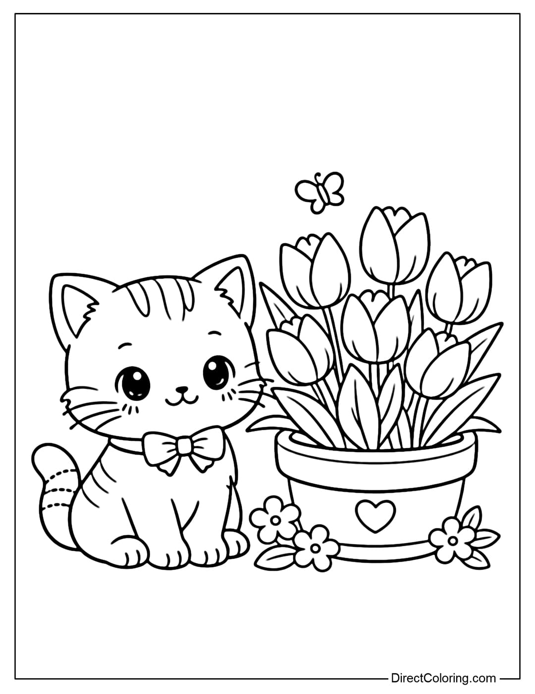 A coloring page of a cute and warm little cat sitting next to a tulip pot.