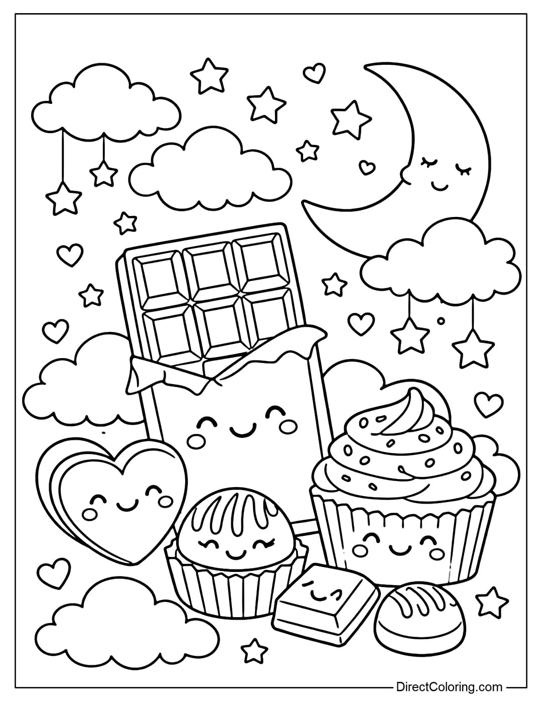 A chocolate coloring page featuring clouds, stars, and the moon.