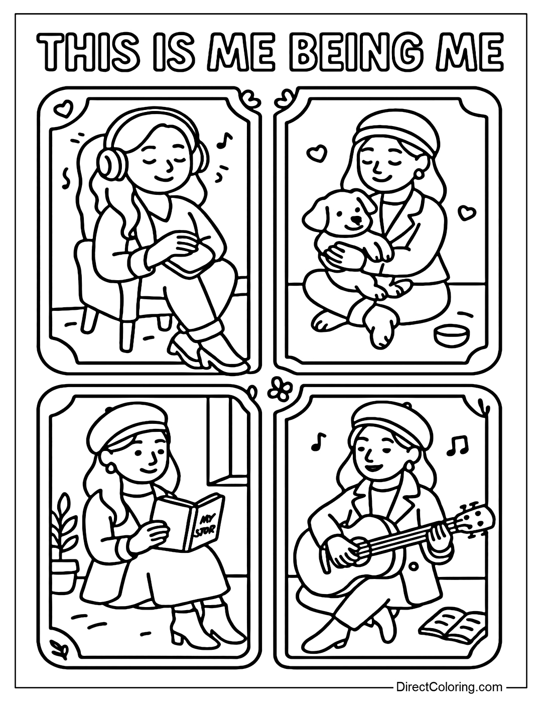 A coloring page of a child doing what he loves: listening to music, hugging a pet, reading a book, playing the guitar.