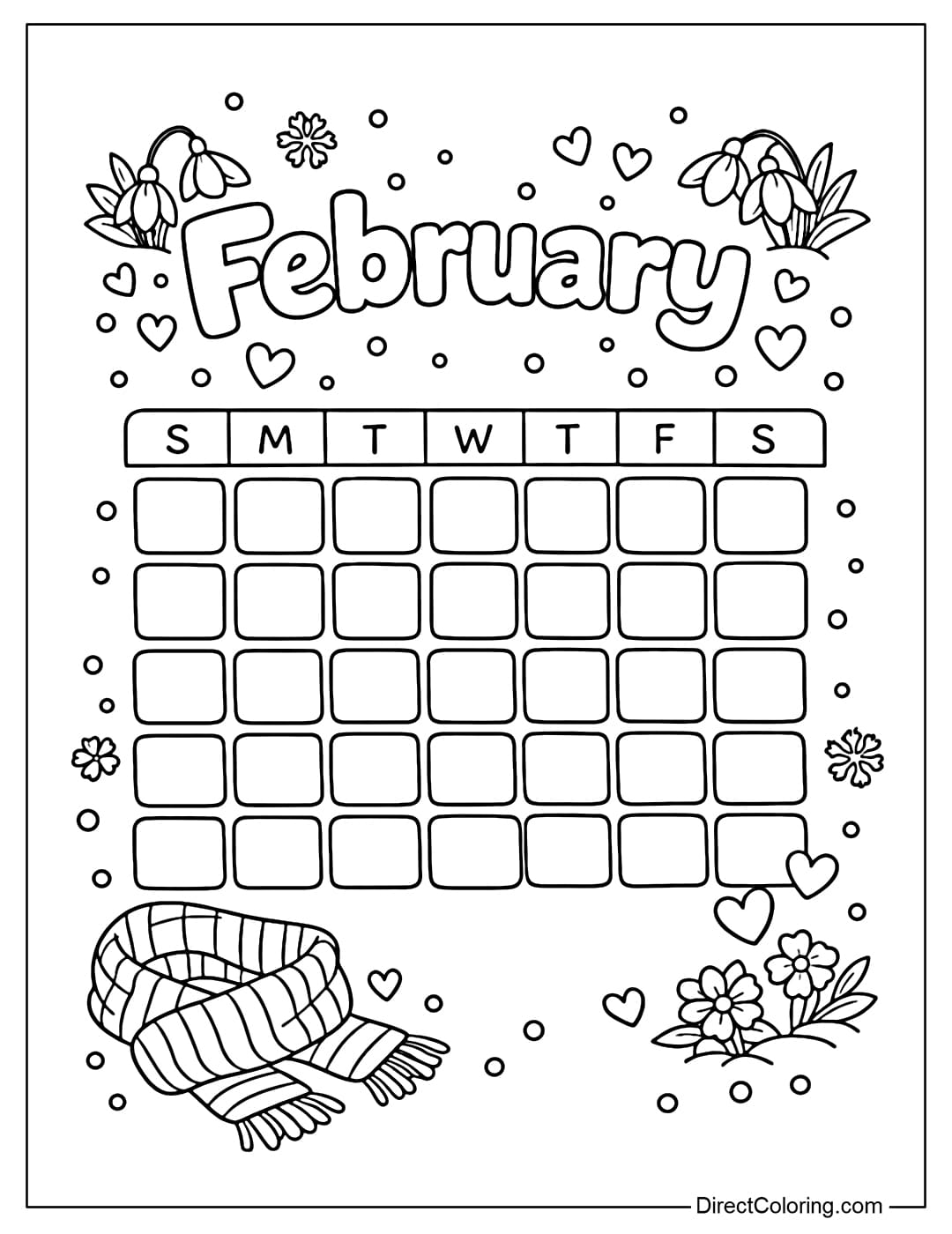 Coloring page of a February calendar with the word February written in large letters. Below is a calendar, surrounded by decorations of small hearts, spring flowers, woolen scarves, and light snow.