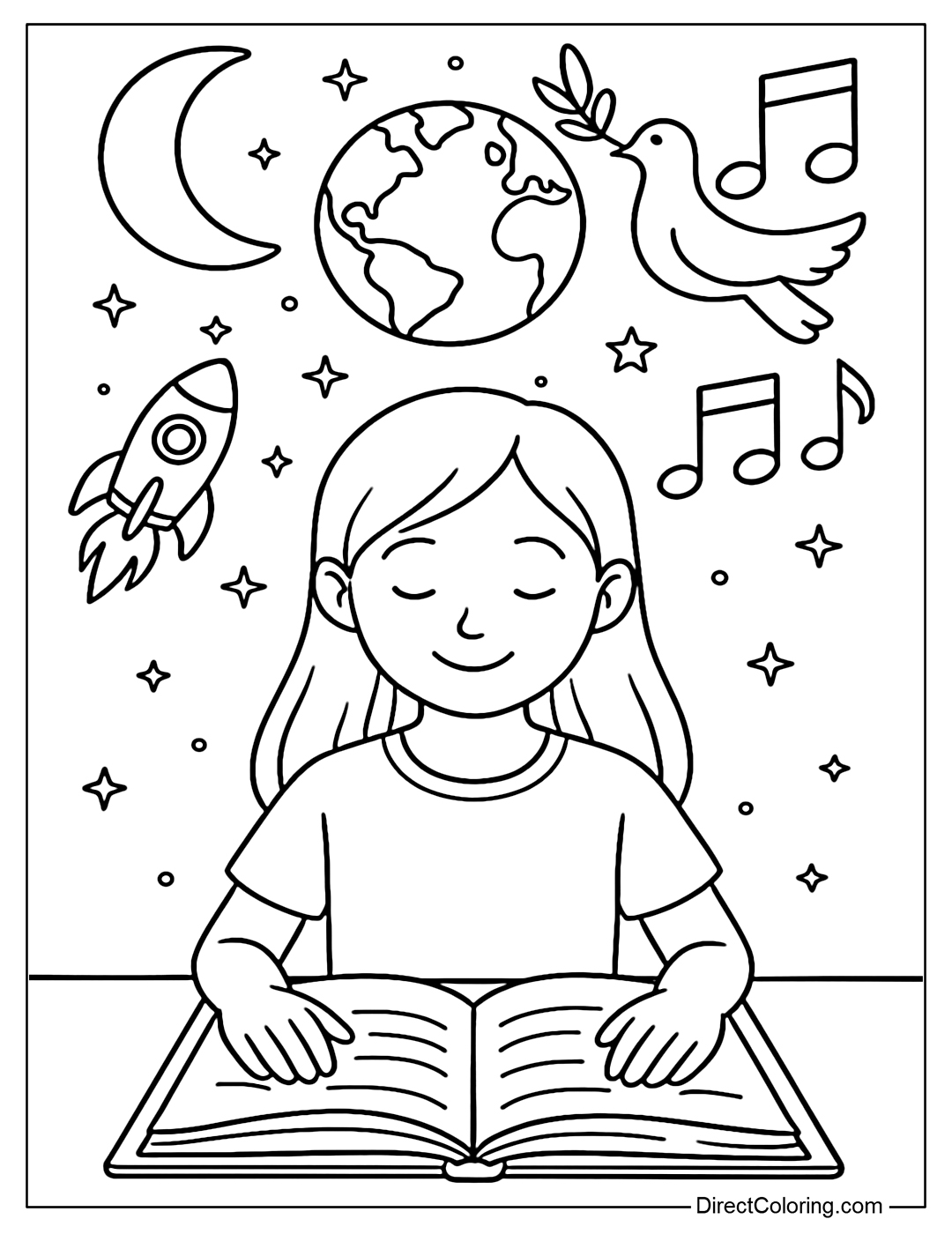 Coloring page of a girl reading a book with dreams flying up from the pages of the book: the universe, peace, music.