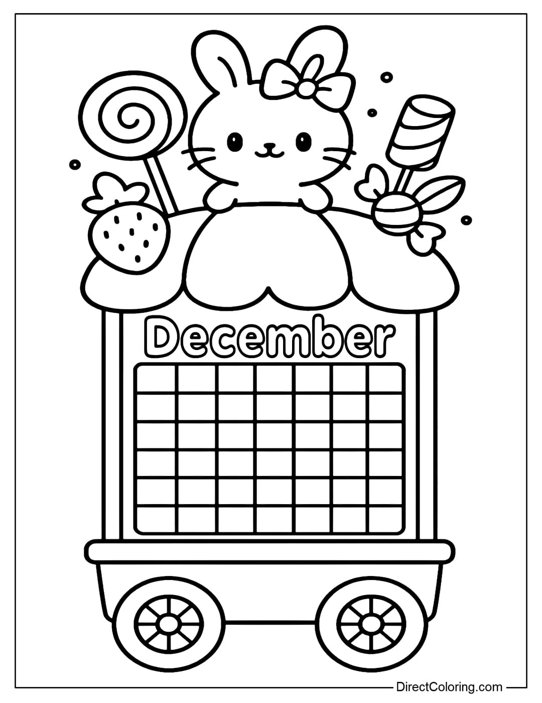 December calendar coloring page featuring a small candy car, the calendar is on the front of the car, above the car is a chibi bunny standing next to various candies.