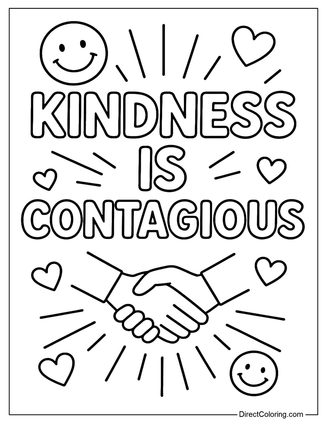 Kindness is Contagious Coloring Page surrounded by smiles and holding hands.