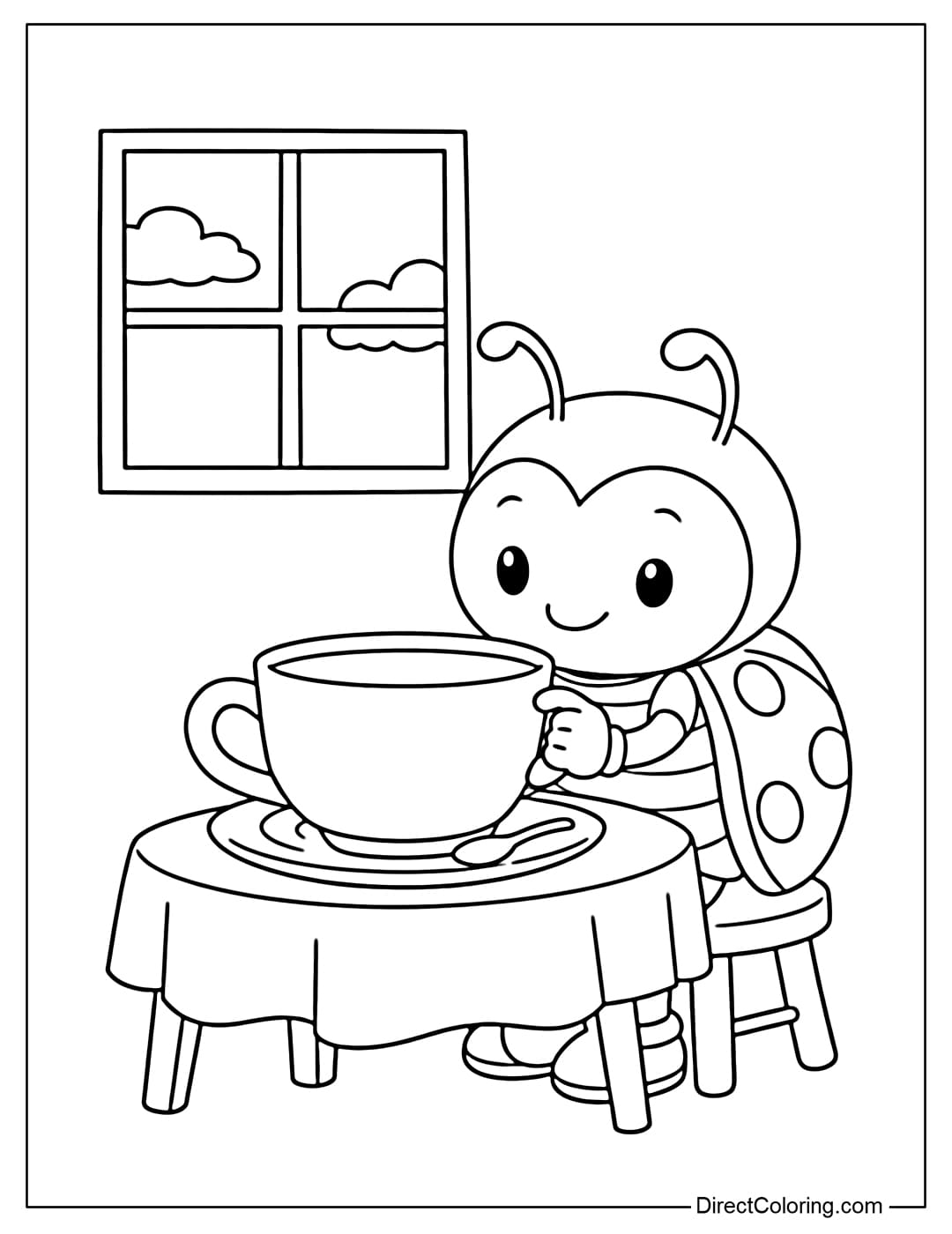 A coloring page of a ladybug sitting at a small table with a large teacup and a window behind.