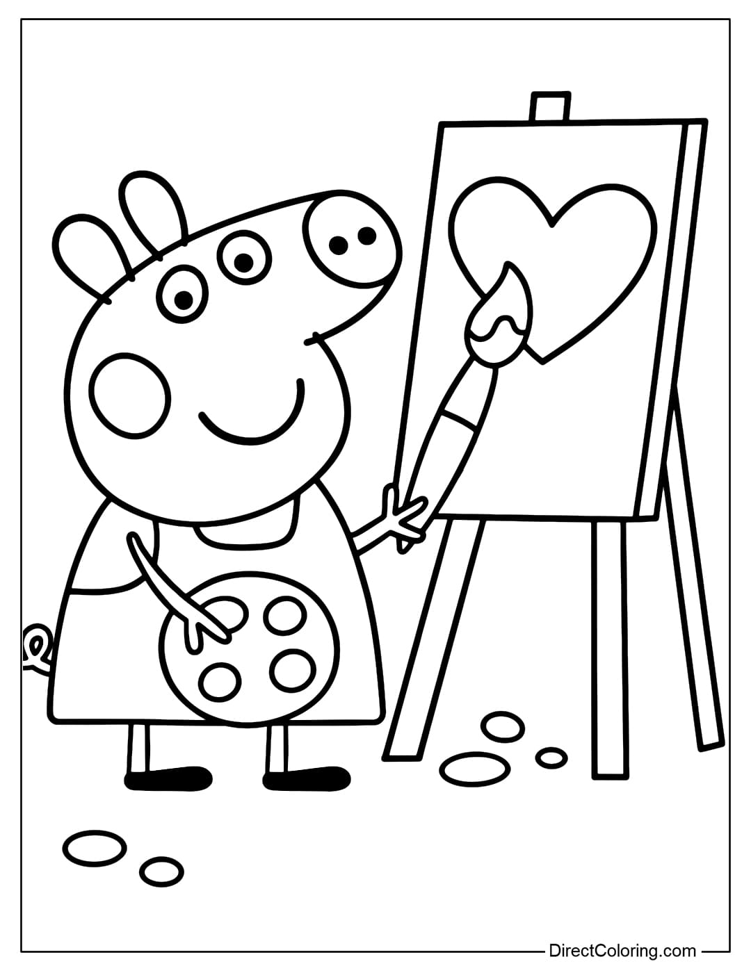 Coloring page Peppa Pig wearing an artist's apron, standing in front of an easel with a simple heart-shaped drawing.