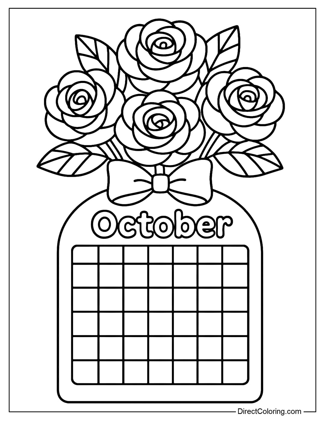 October calendar coloring page features a rounded calendar frame at the bottom and a large bouquet of roses at the top.