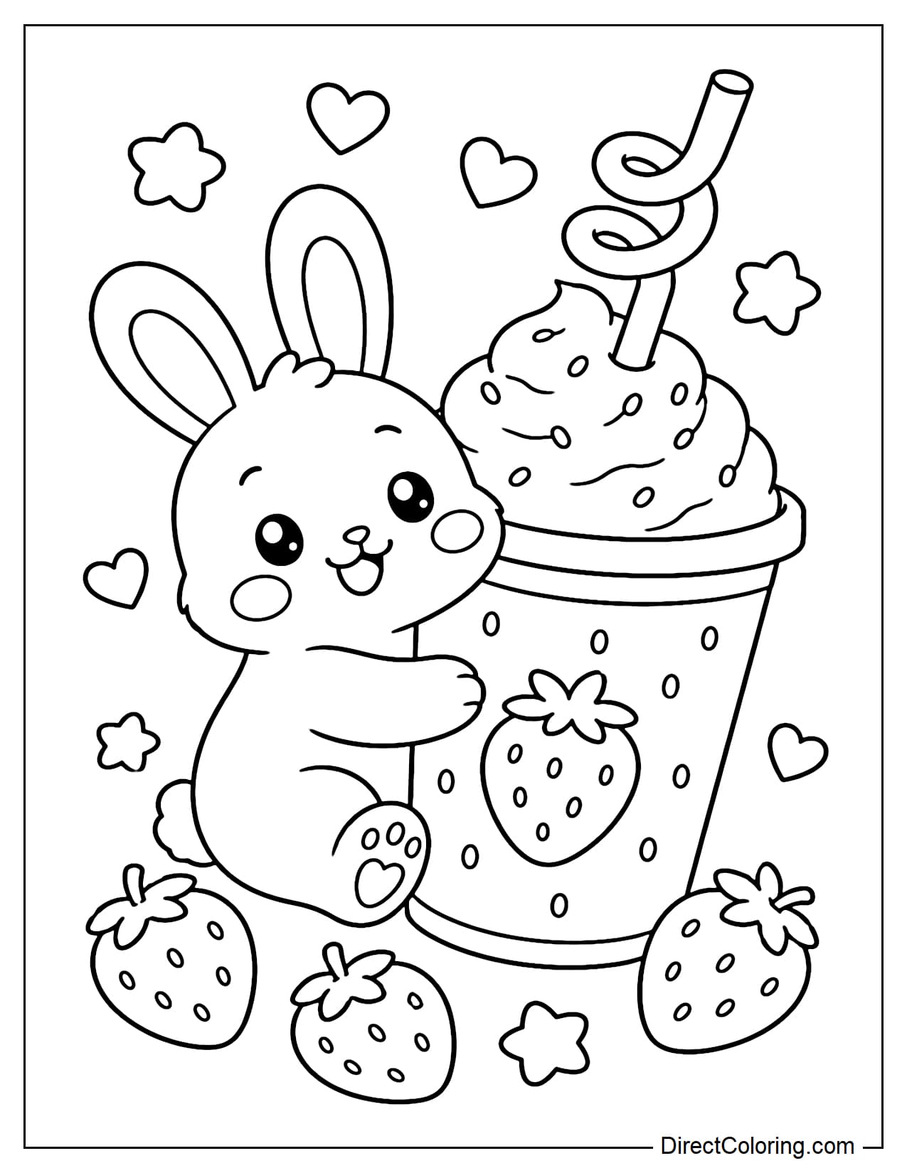 A cute bunny is holding a giant strawberry smoothie cup with whipped cream on top and a large spiral straw. There are a few strawberries, a small heart, and a star around it.
