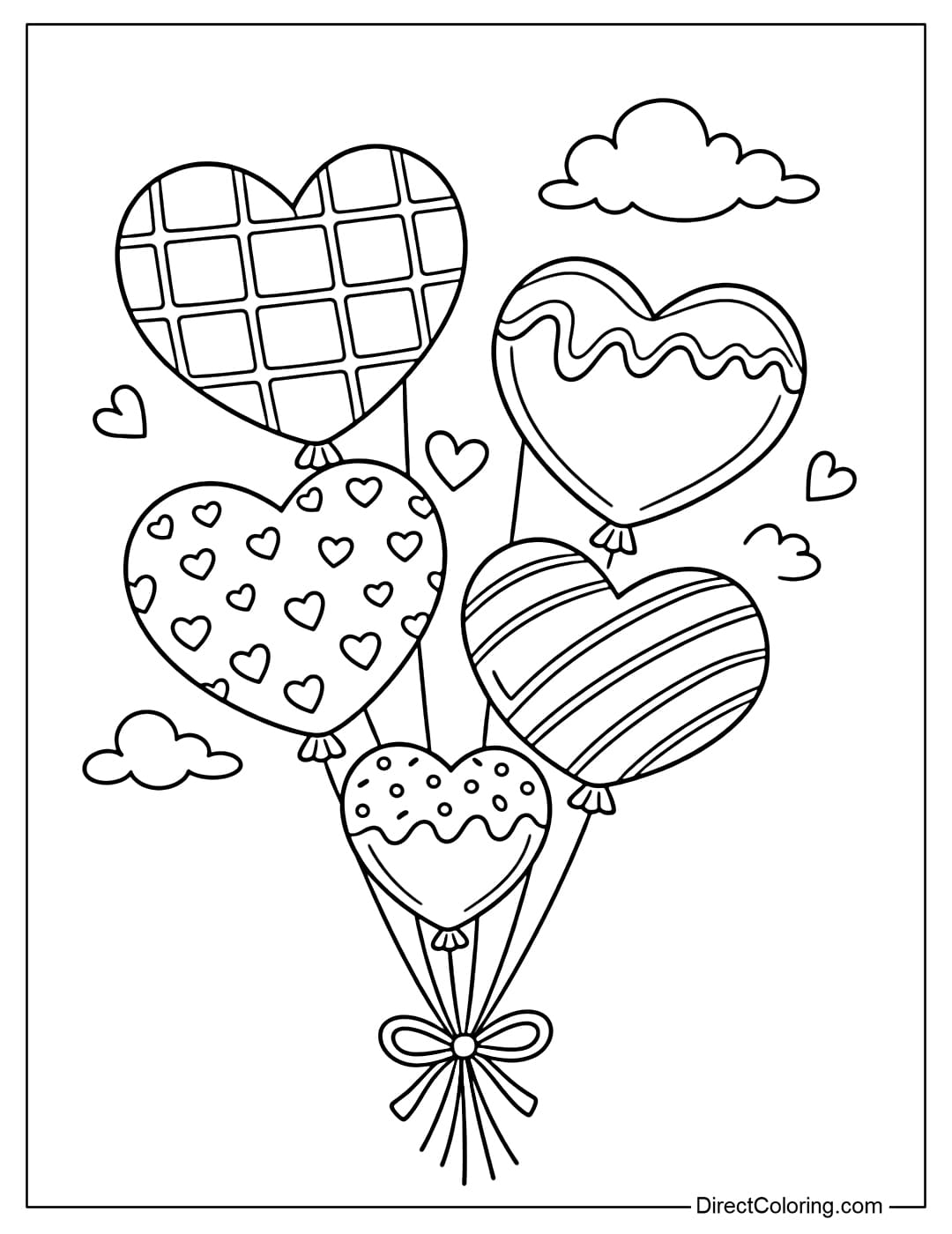 A coloring page of heart-shaped chocolate balloons, tied with strings and floating in the air.