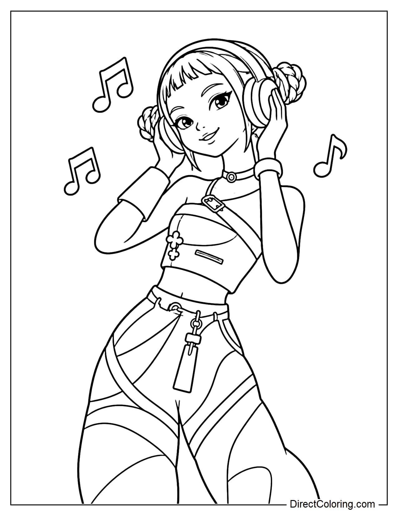 Zoey is wearing a large pair of headphones and gently holding both sides with her hands. She has a cheerful expression, with a few large musical notes surrounding her.