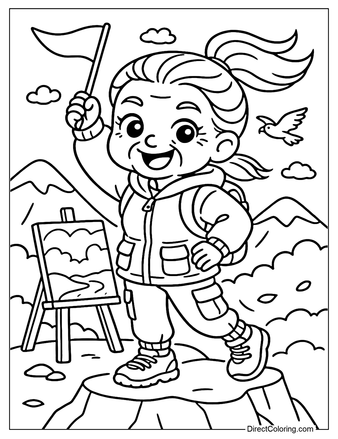 Coloring Page Grandma conquers the mountain, standing on a cliff, two hands holding a small flag high, eyes sparkling, face radiant.
