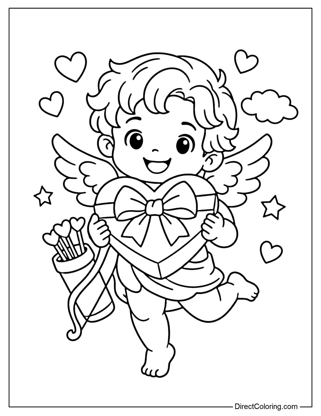 A coloring page of Cupid holding a heart-shaped gift box with a large, cute bow.