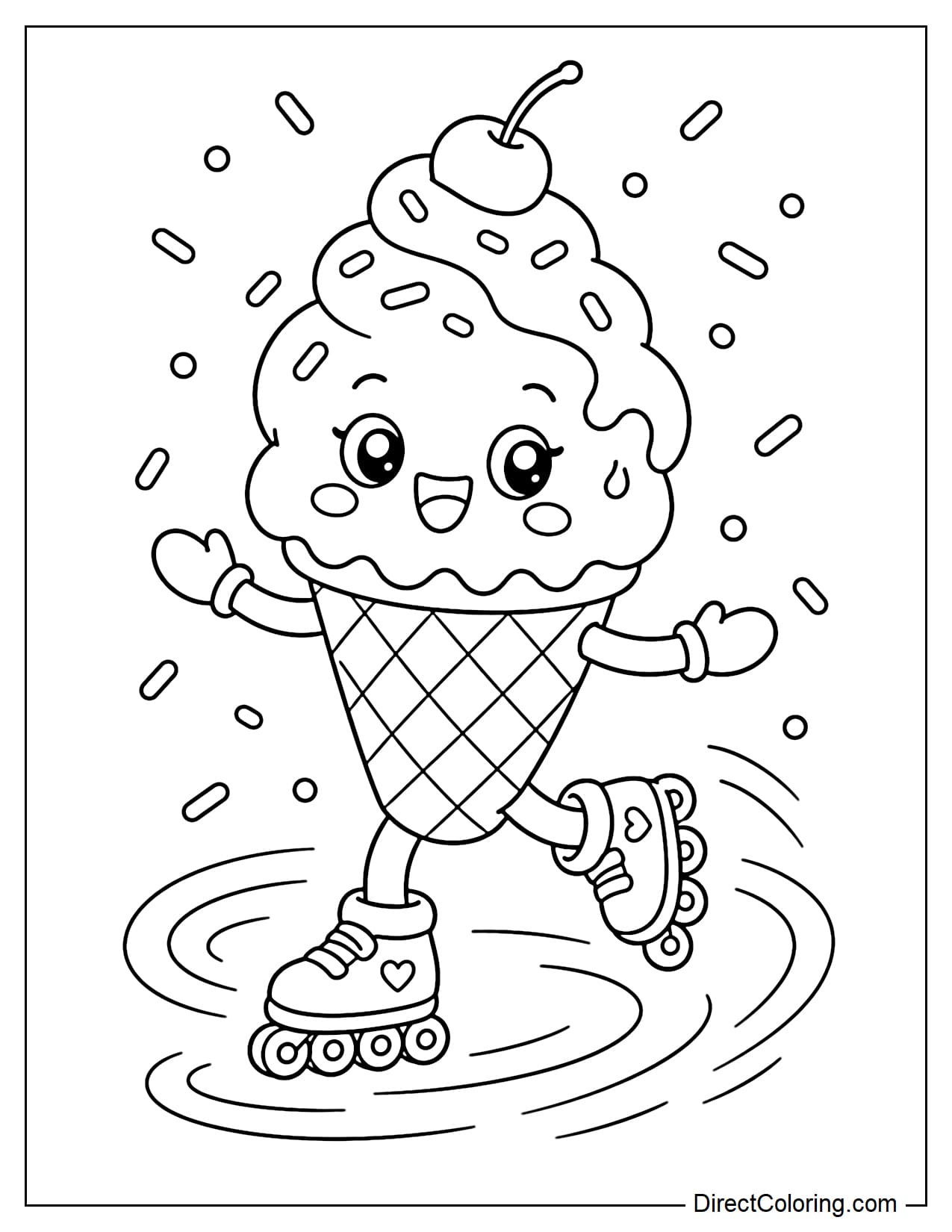 A cute ice cream cone wearing roller skates is happily gliding, with swirling patterns and sprinkles flying around underneath.