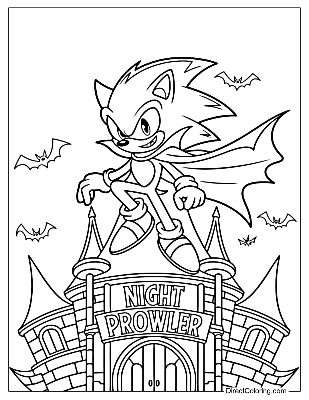 Coloring page of Sonic wearing a vampire cape, hair up high, standing on top of a castle.