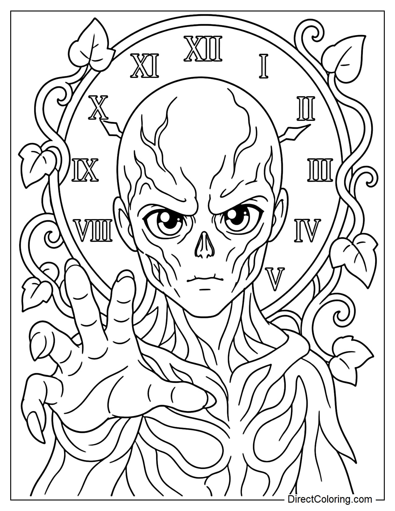 Vecna reaches one hand forward while a large clock and twisting vines appear behind him, creating an eerie supernatural scene.