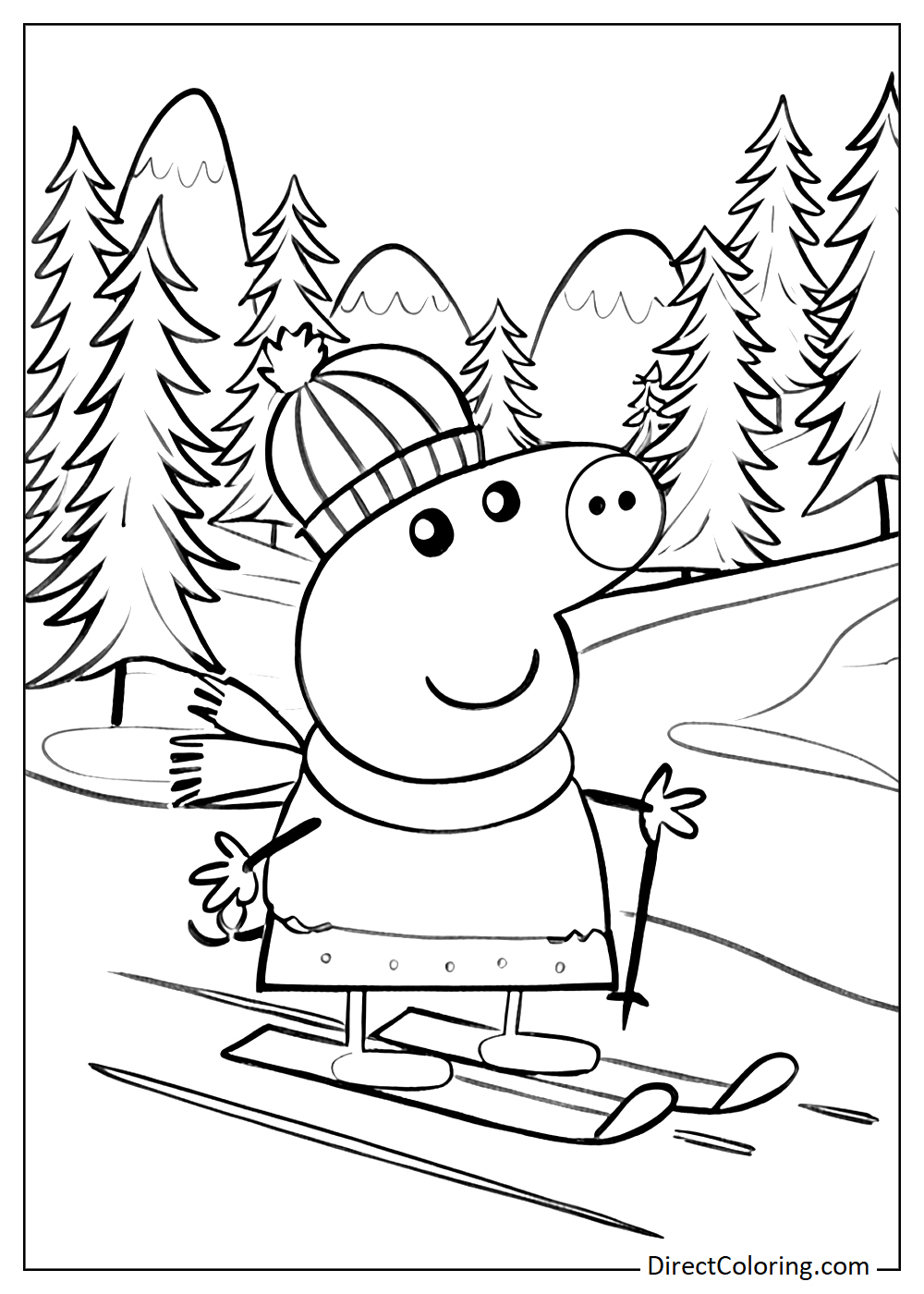 Peppa Pig skiing on a snowy mountain slope coloring page