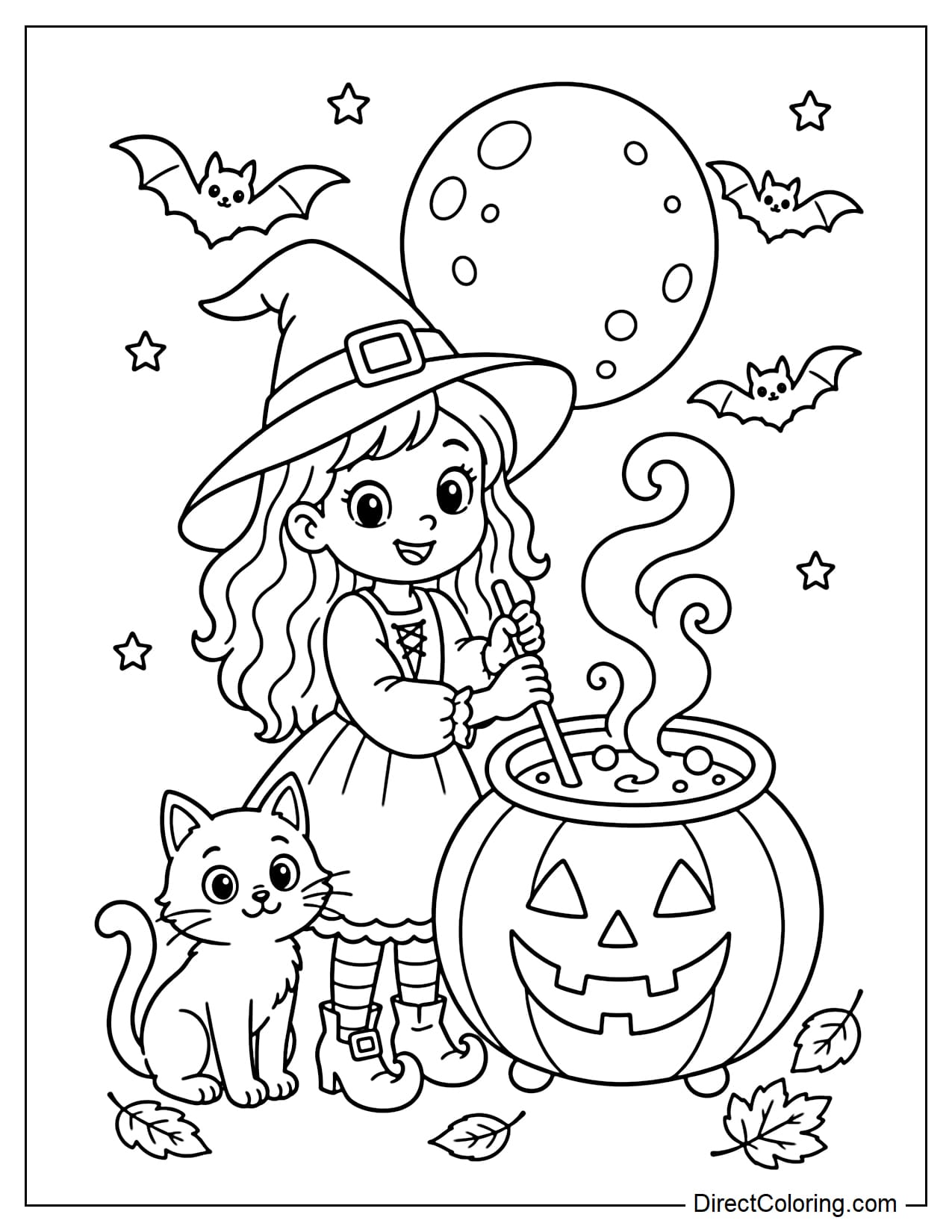 A young witch standing beside a large pumpkin-shaped magic cauldron filled with bubbling potion and curling smoke, with a black cat nearby, bats flying above, and a large full moon in the background.