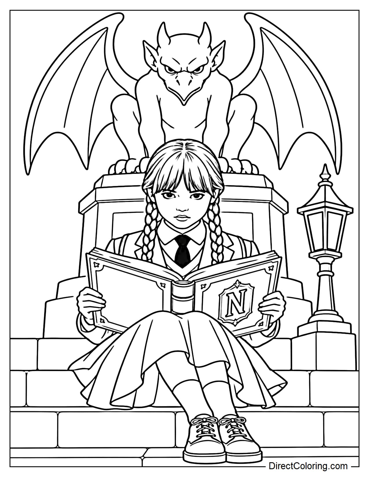 Wednesday sits on a stone step reading a large book, while a large Nevermore gargoyle statue spreads its wings above her.