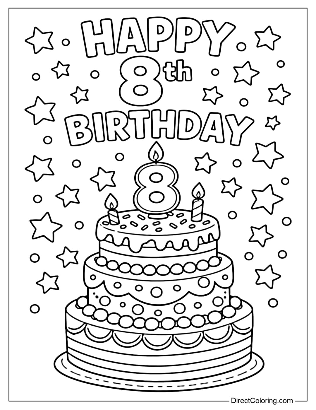 A coloring page for a multi-tiered birthday cake with a number 8 candle, surrounded by stars and dots. The words HAPPY 8th BIRTHDAY are written above.