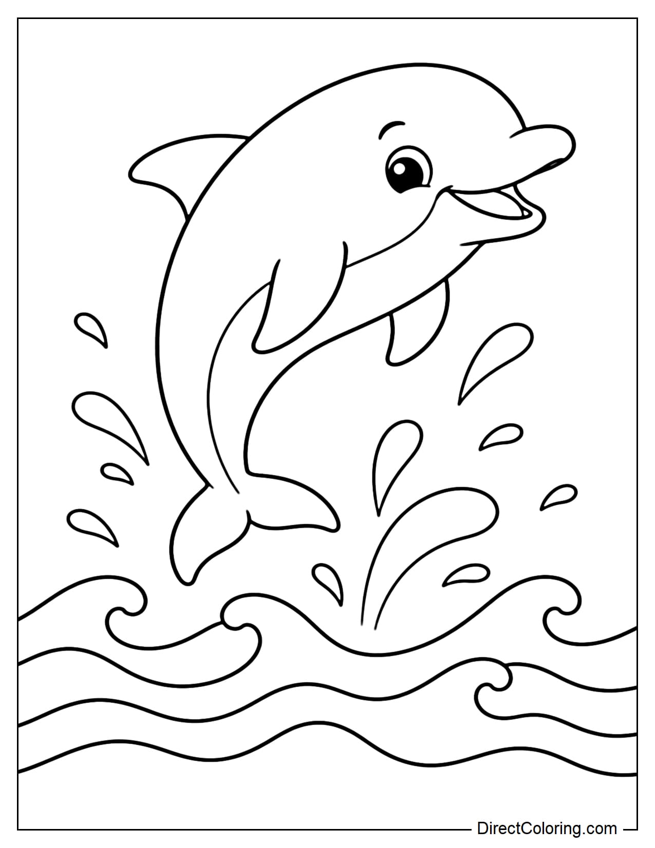A large dolphin is leaping high out of the sea with gentle waves below, a few splashes of water rising around it.