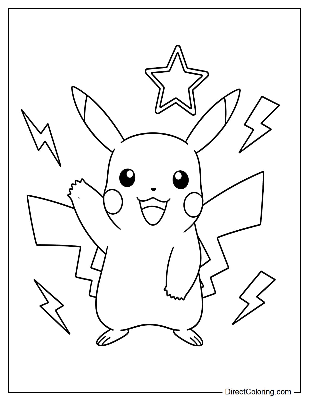 Pikachu stands waving one hand with a happy face, ears perked up, surrounded by sparks of electricity and stars.