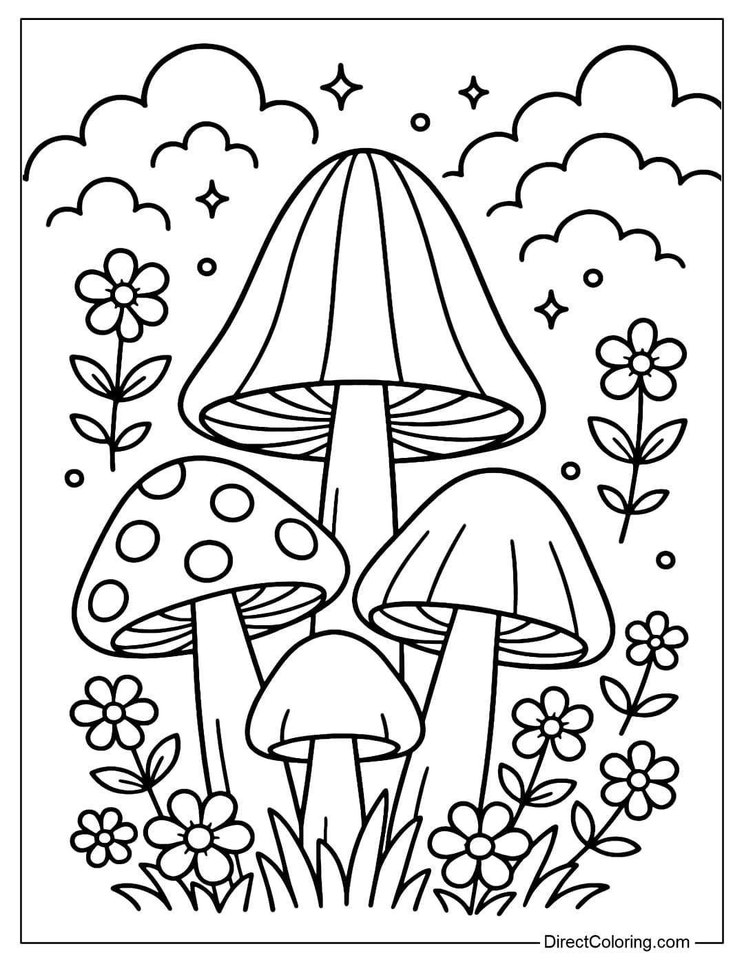 Rainbow Mushroom Garden Coloring Page A colorful mushroom cluster coloring page with purple, orange, and yellow colors growing among the flowers, on a dreamy background.