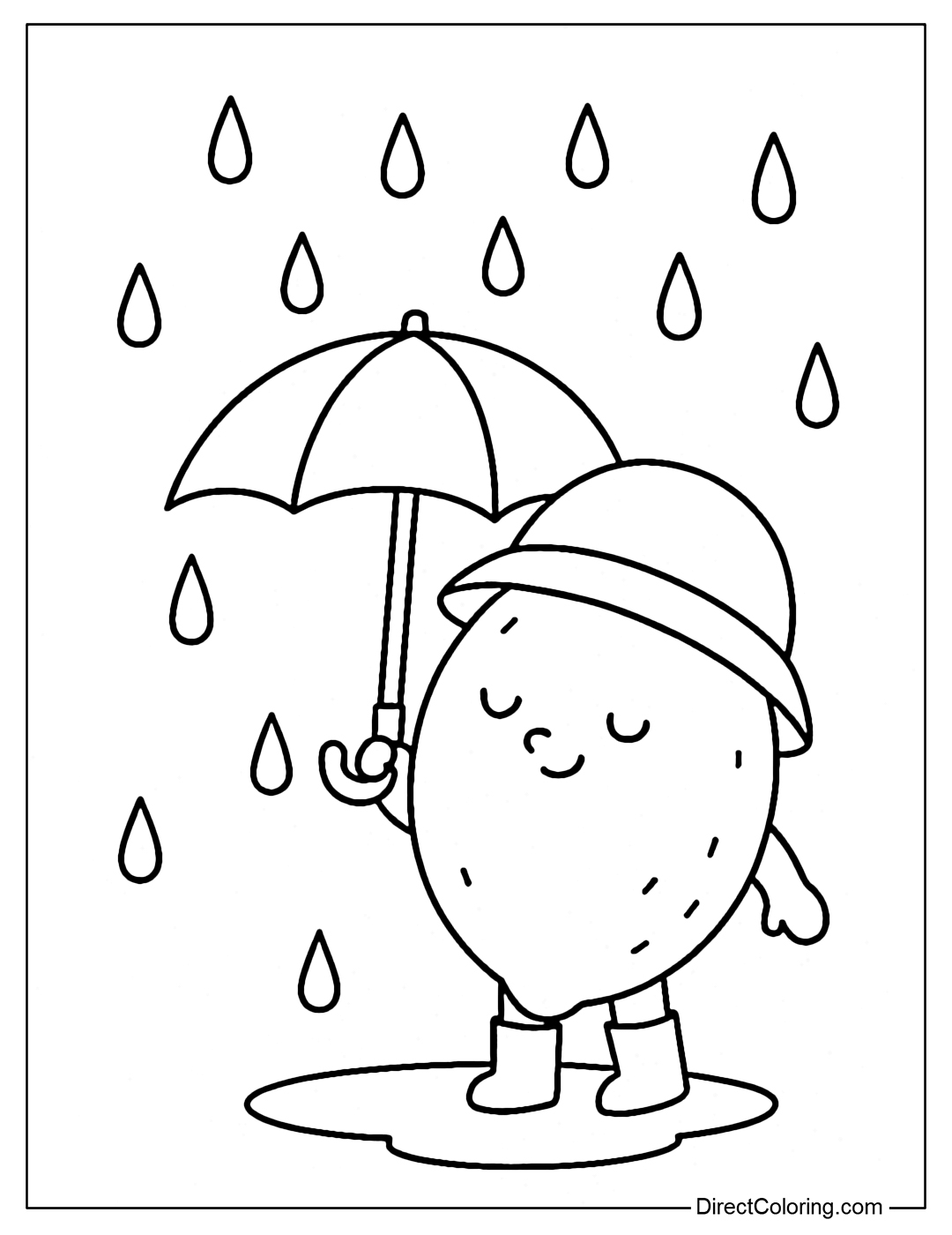 A lemon coloring page with a rain hat and a small umbrella under the water drops.