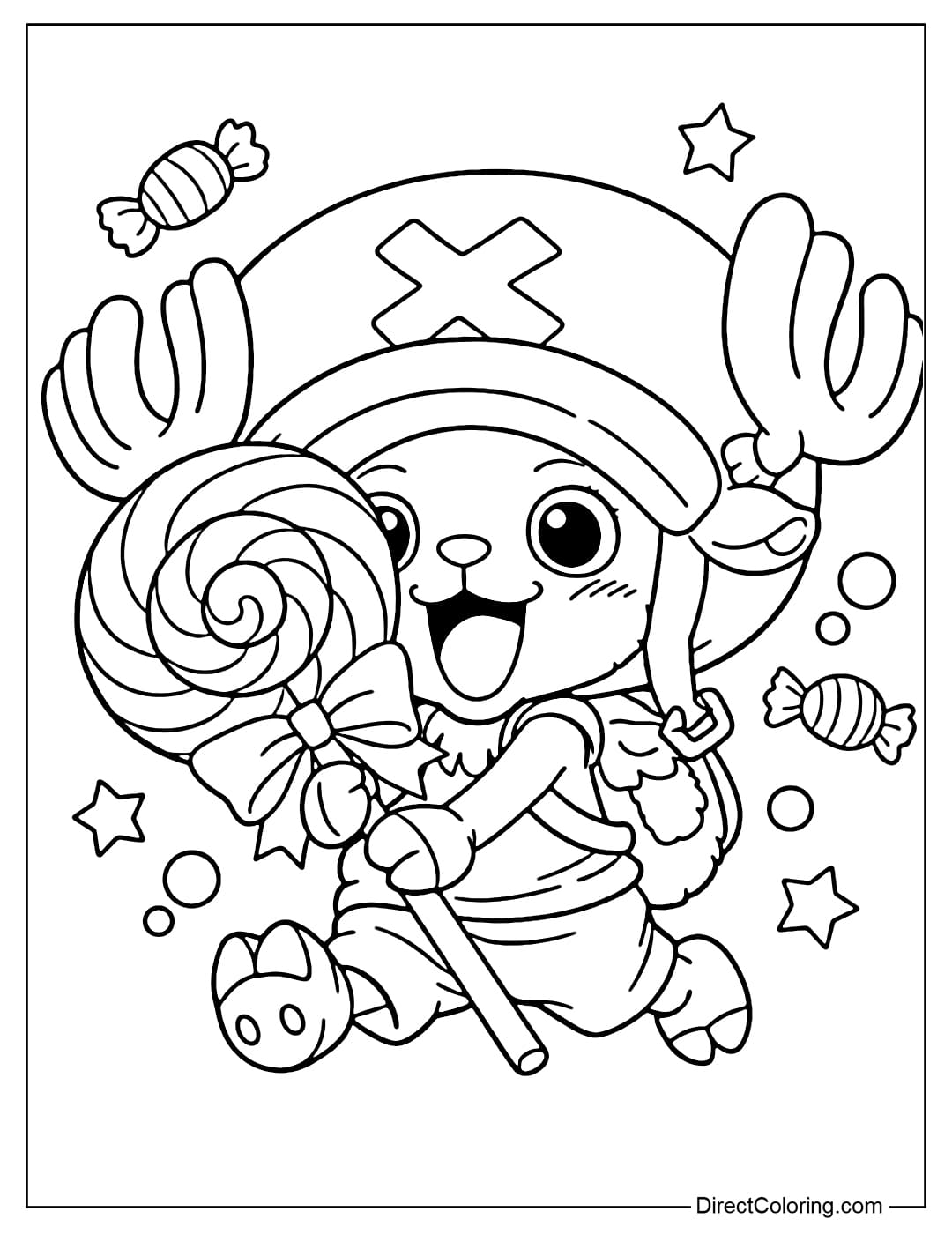 Tony Tony Chopper is holding a giant lollipop with a bow, his face excited and radiant.