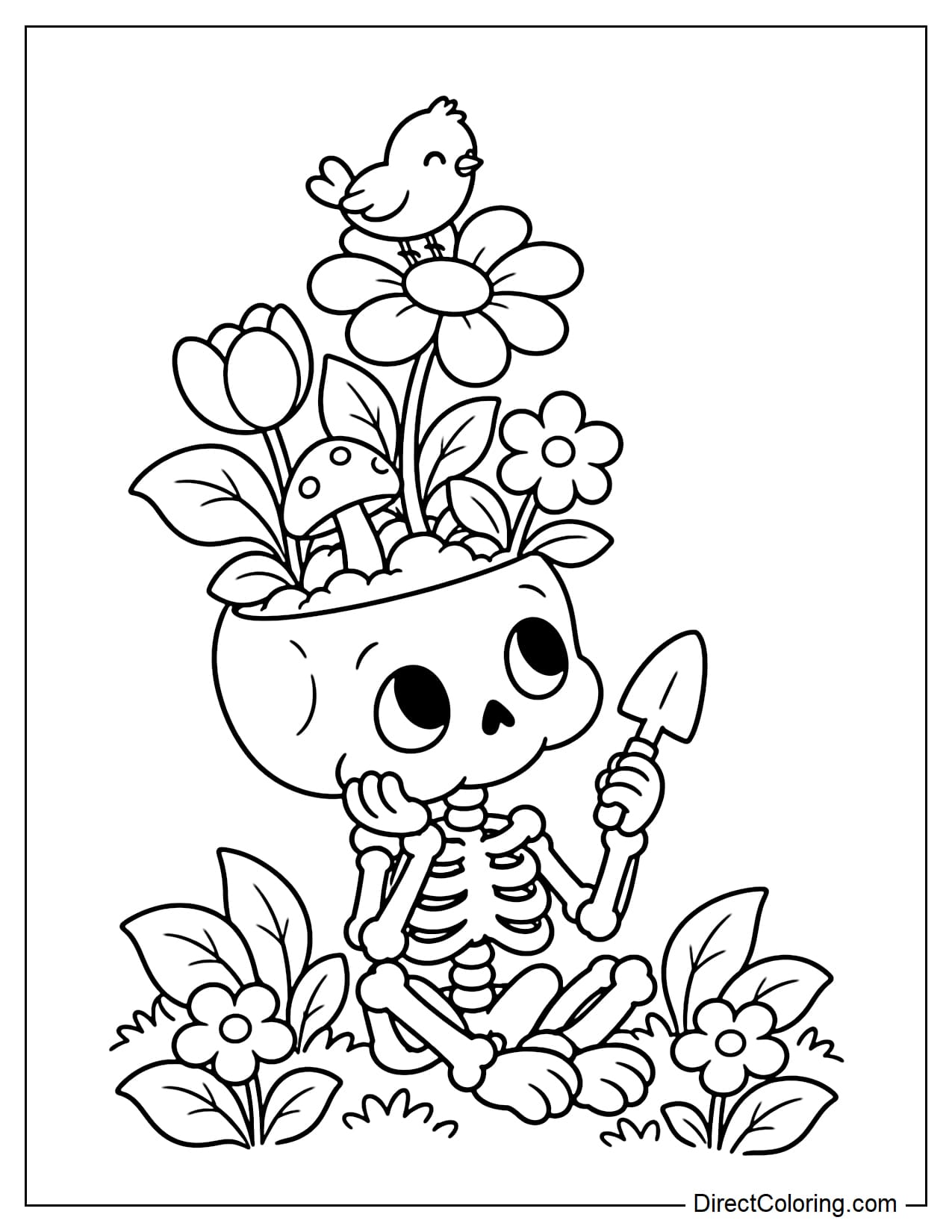 A small cute skeleton is sitting on the ground holding a tiny shovel, while a little bird perches on the tallest flower in a miniature garden growing from the top of the skeleton's skull.