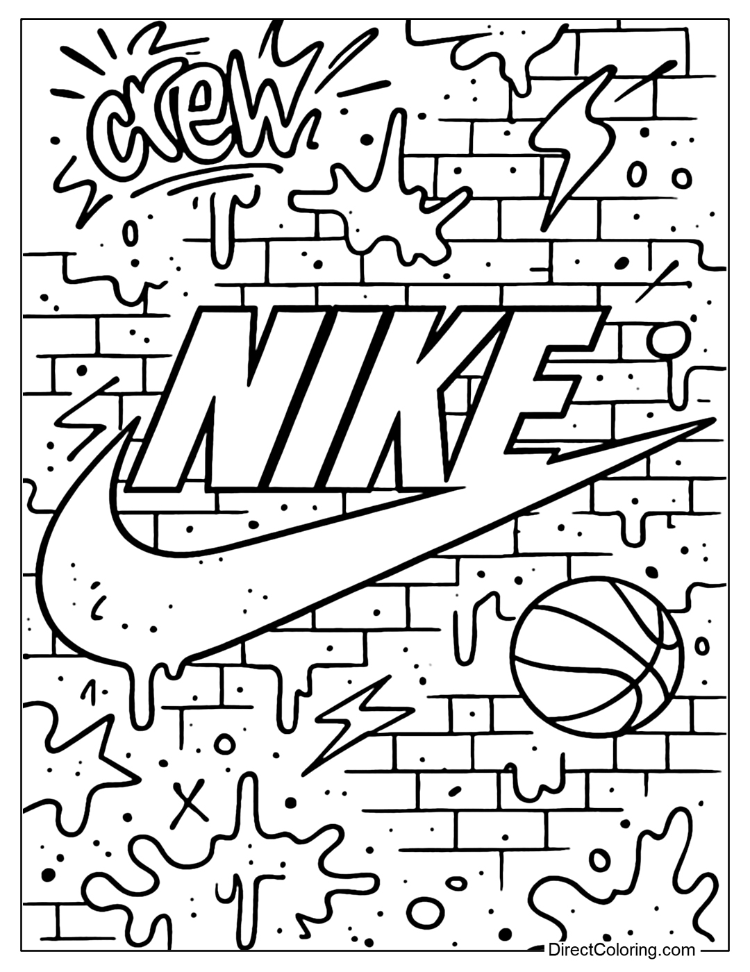 A bold street graffiti Nike logo coloring page with elements like spray paint, brick walls, and basketballs - hip-hop & streetwear.