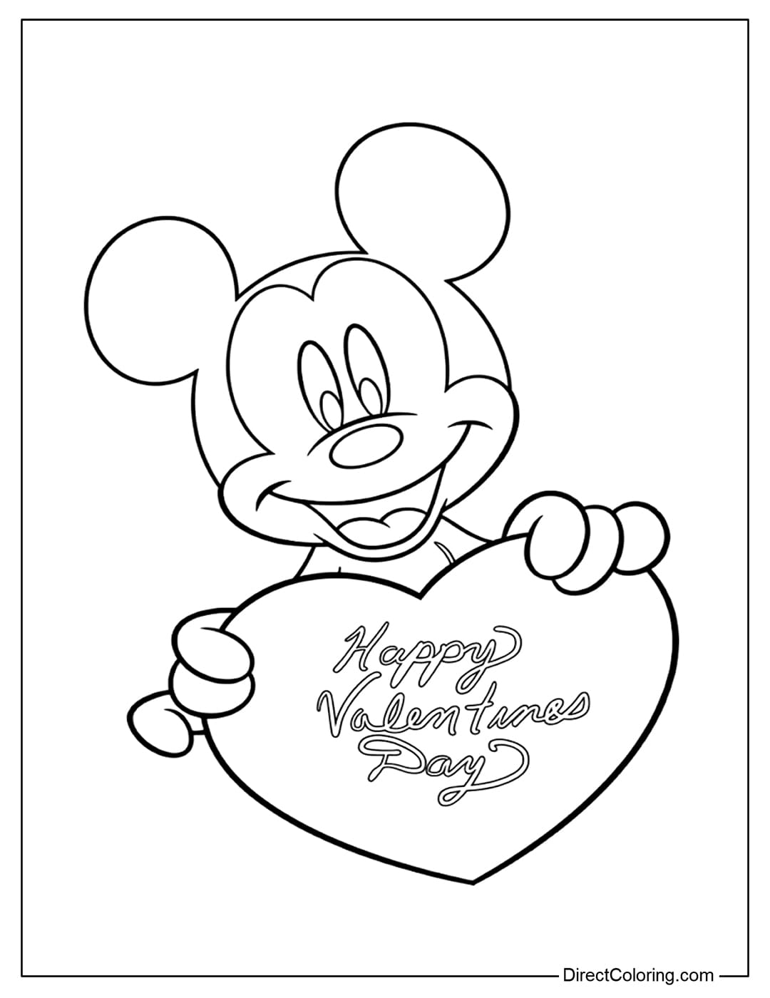 A coloring page featuring a cheerful Mickey Mouse holding a large heart with the words 