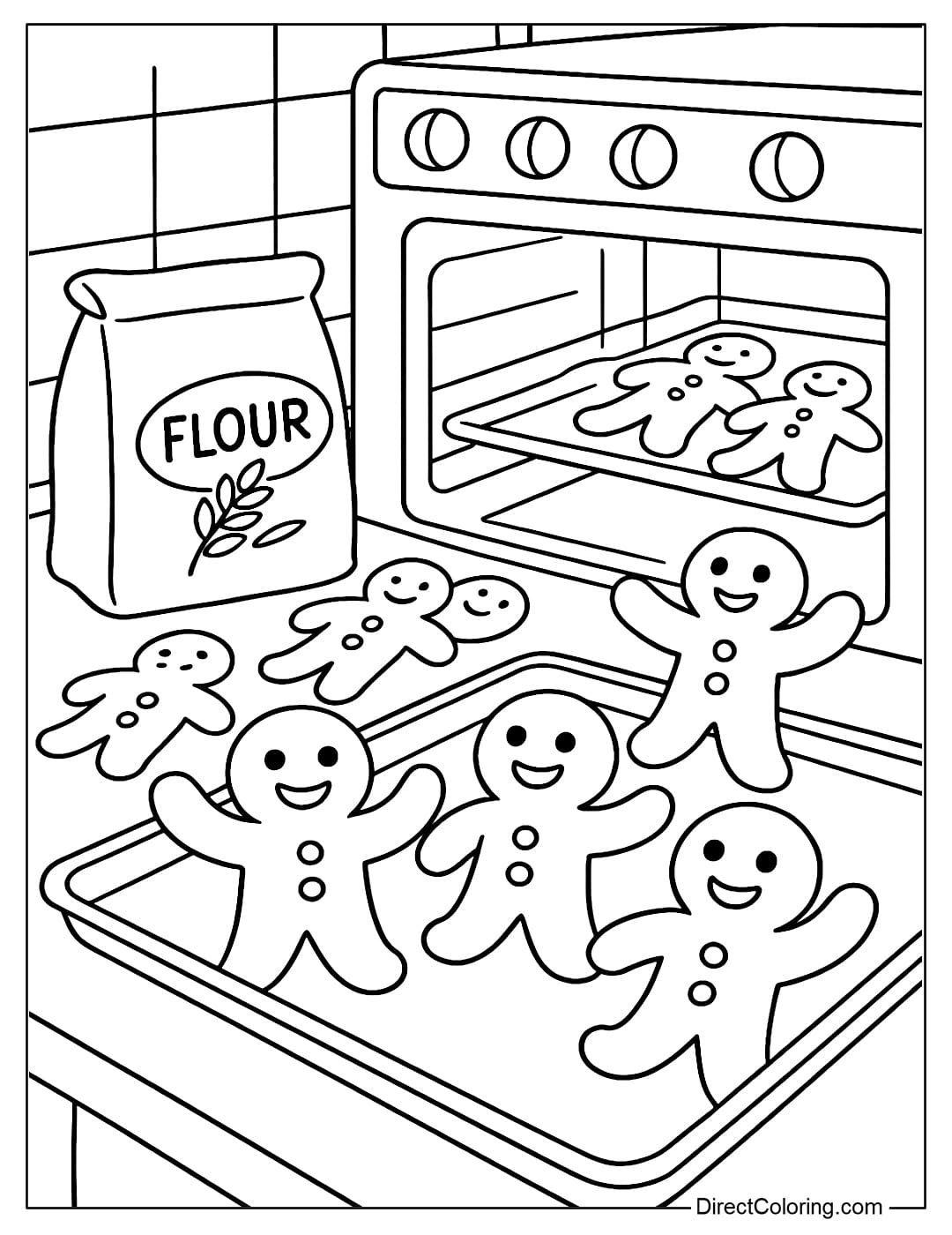 A baking scene coloring page in the kitchen, with an oven, a baking tray, flour, and a few gingerbread men waking up happily.