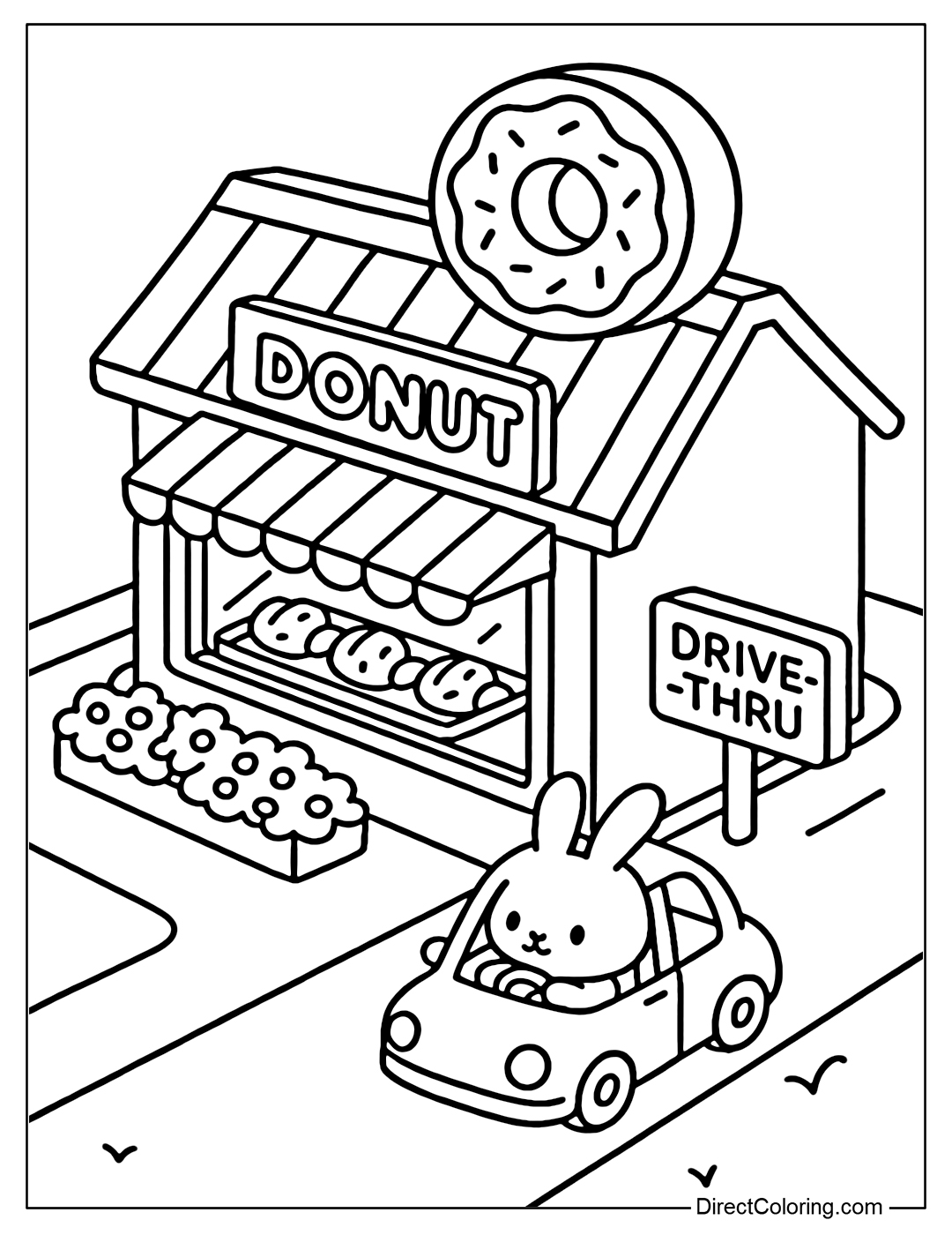 Donut shop side perspective coloring page, drive-thru lane; low flower pot next to door; mini car driven by rabbit; in the counter displayed tray of hot donuts.