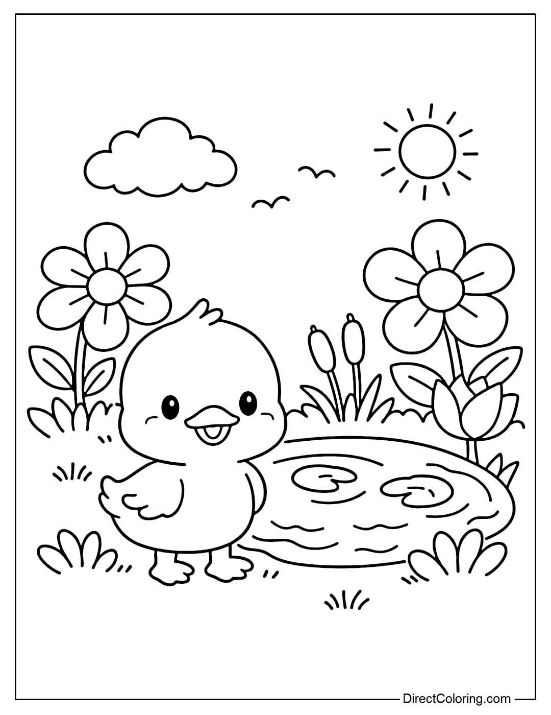 A small duck standing next to a simple pond, surrounded by large flowers.