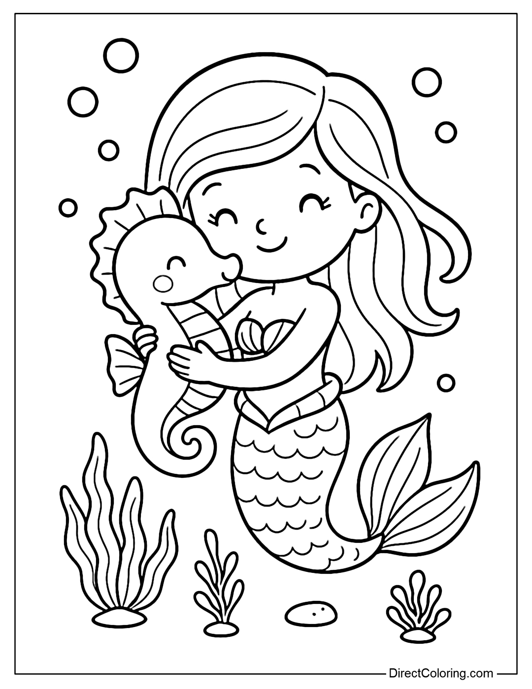 Mermaid coloring page holding seahorse as pet.