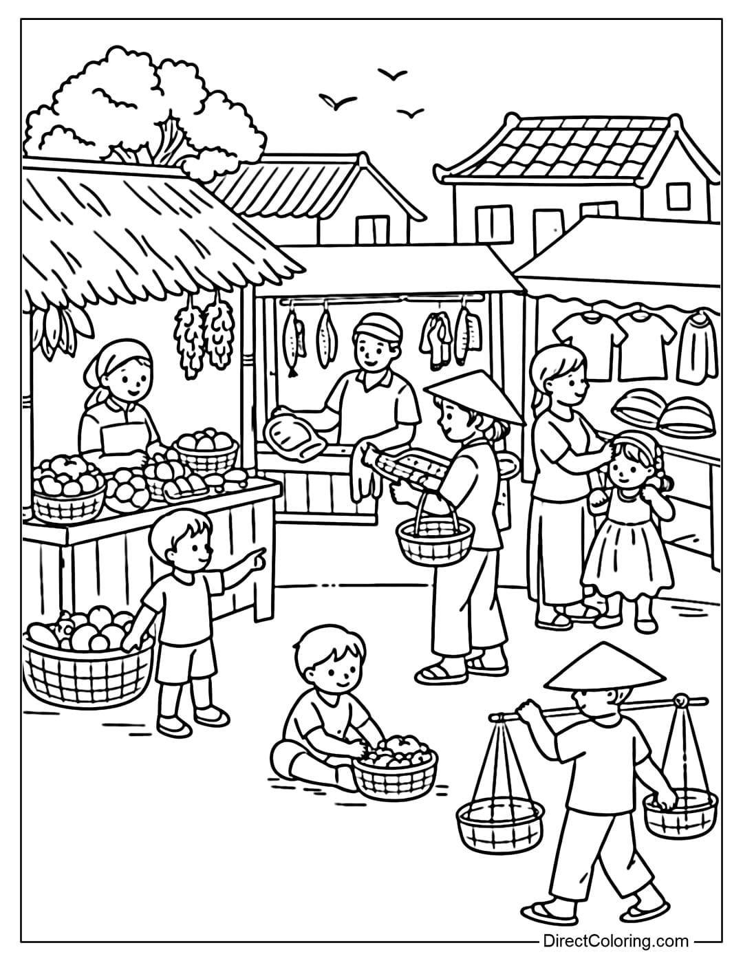 Coloring page of a small village market with a few stalls and buyers.