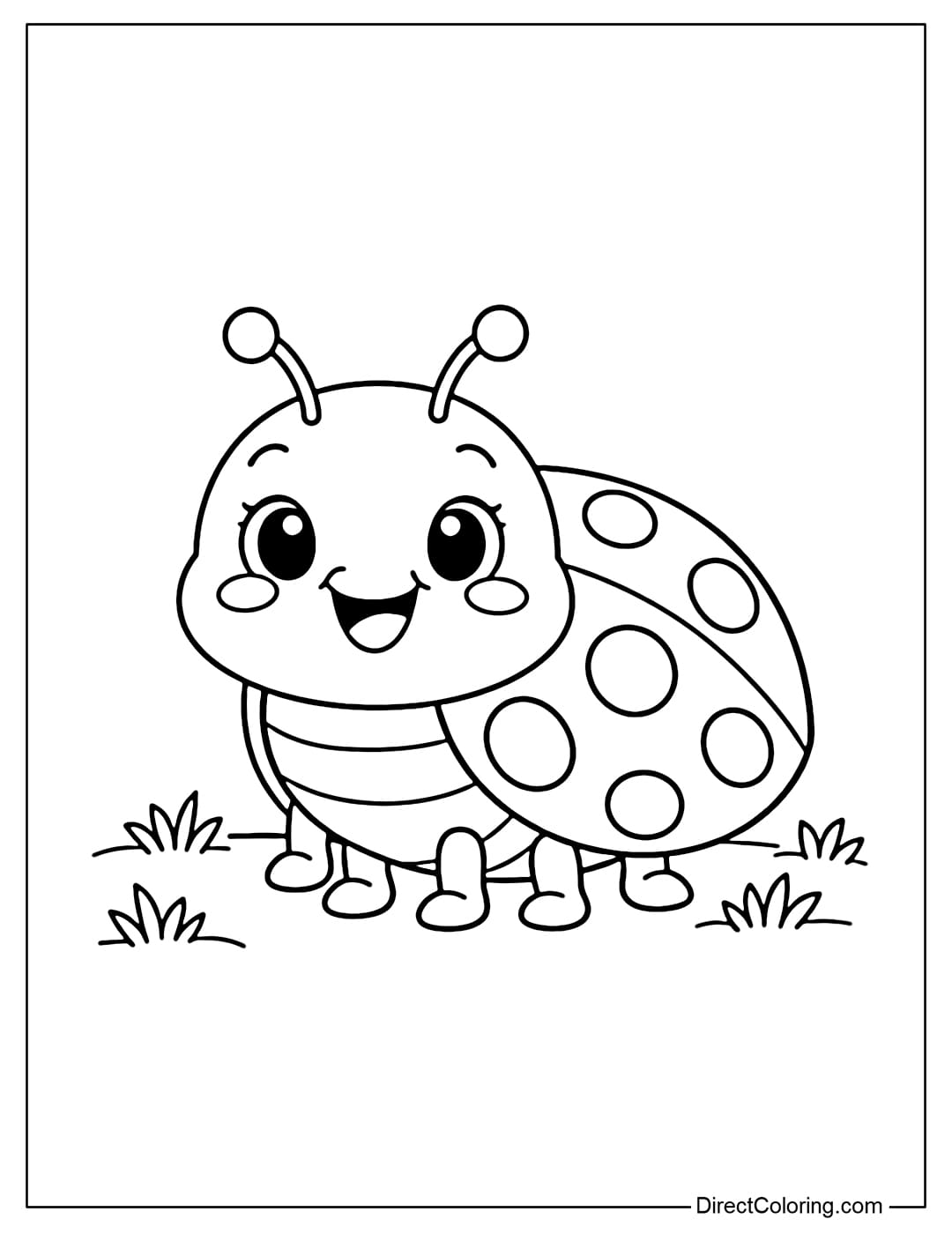 A cute ladybug coloring page with a cheerful smiling face and large dots on its wings.