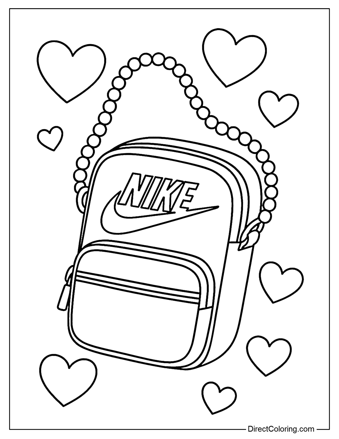 A Nike crossbody bag coloring page that flies in the air, surrounded by heart-shaped bubbles, and a sparkling pearl necklace.