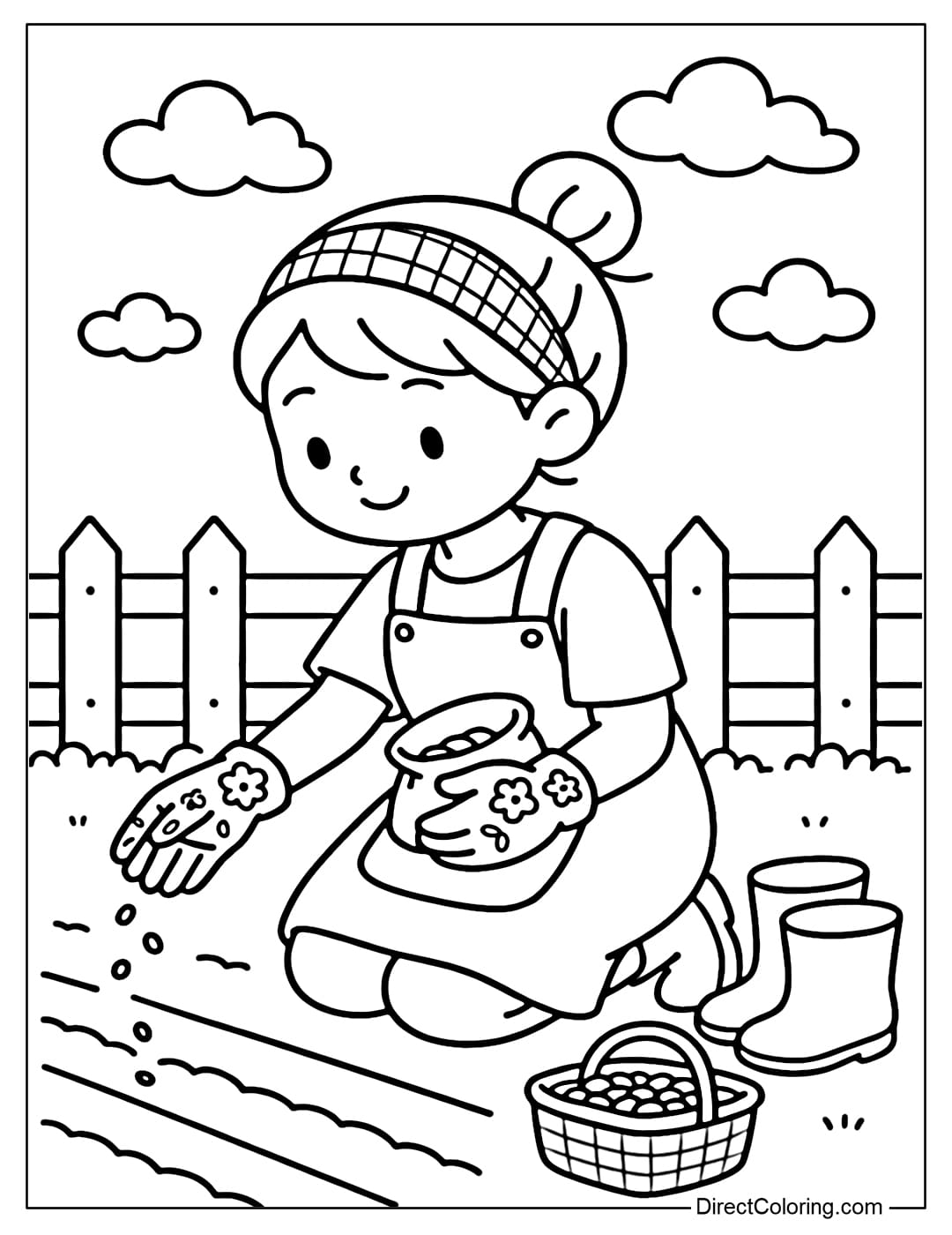 a coloring page of a farm girl spreading seeds from a small cloth bag onto a pre-drawn line of land, behind which is a low wooden fence.