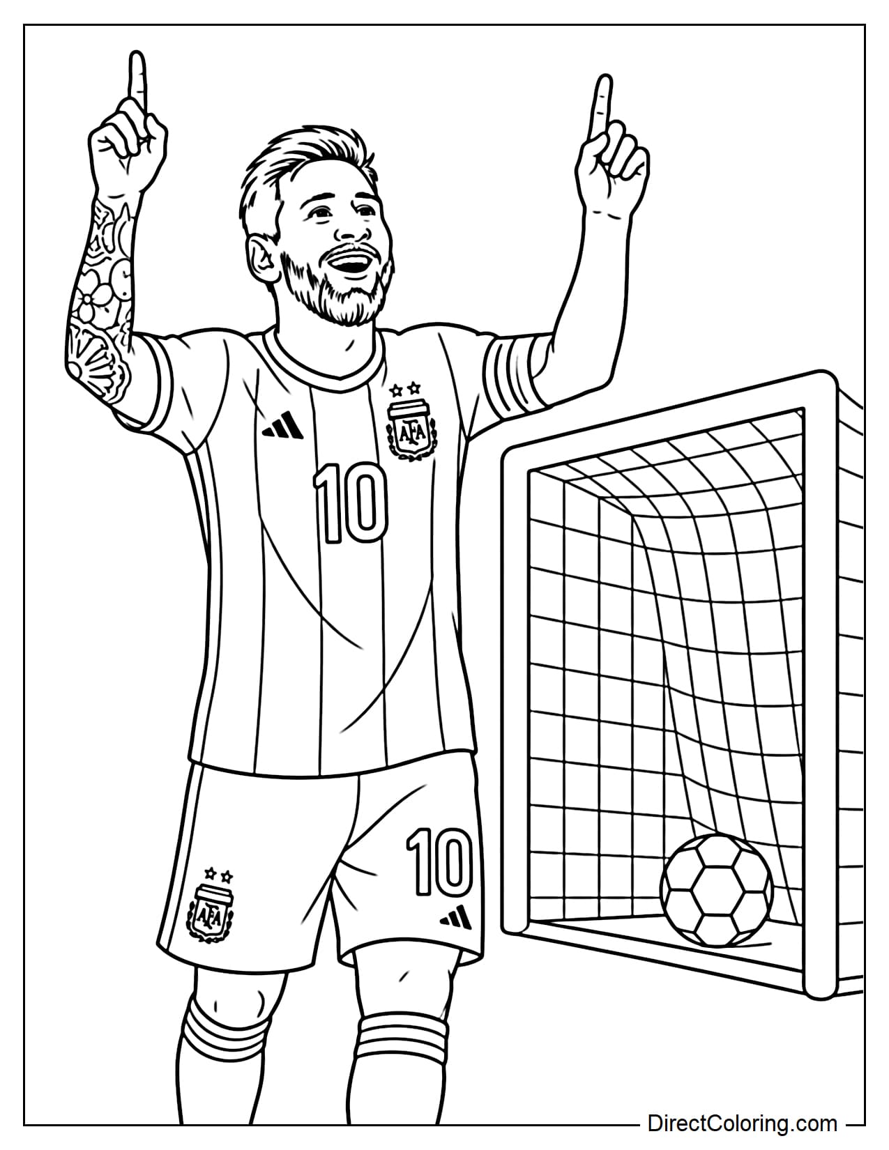 Lionel Messi is celebrating a goal with his hands slightly raised, a joyful expression, next to a goal with the ball in the net.