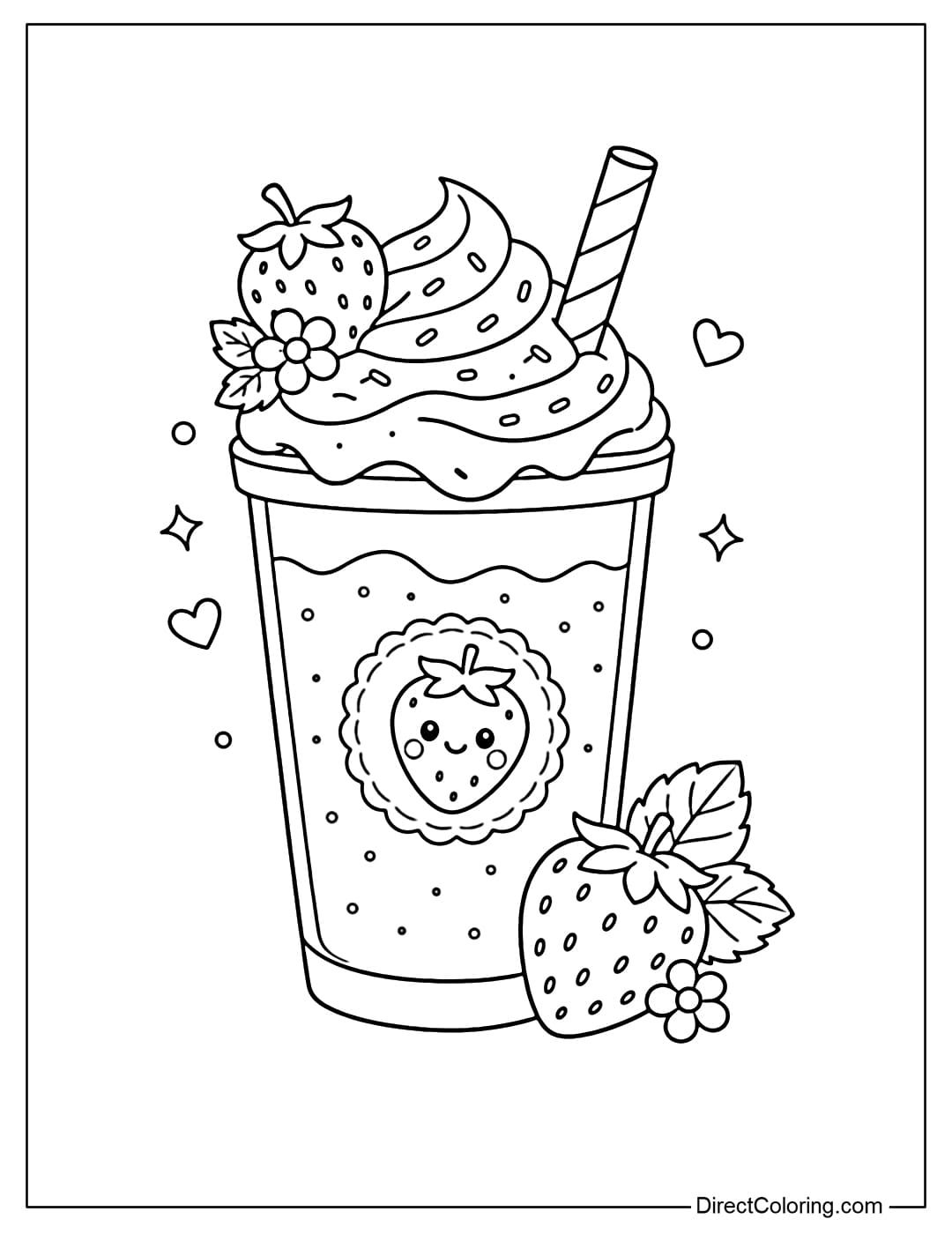 Coloring page of a strawberry milkshake glass with a straw, whipped cream on top, and a strawberry garnish on the side.