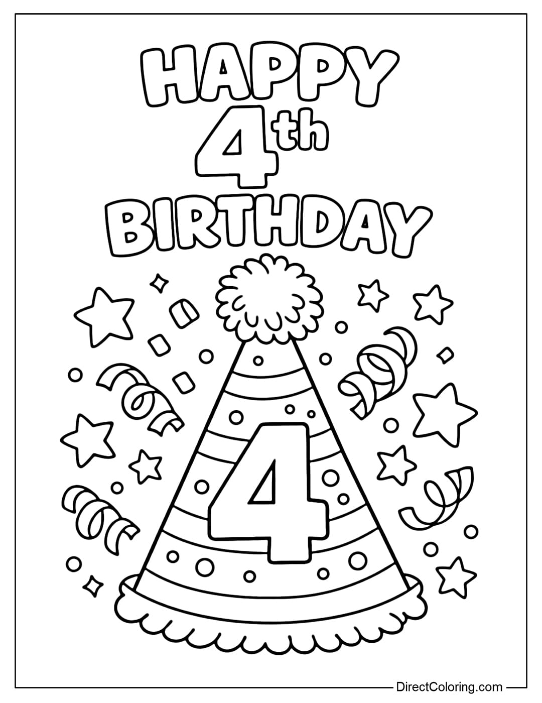 A coloring page for a large birthday hat with the number 4, surrounded by stars and confetti. Above it is the text 